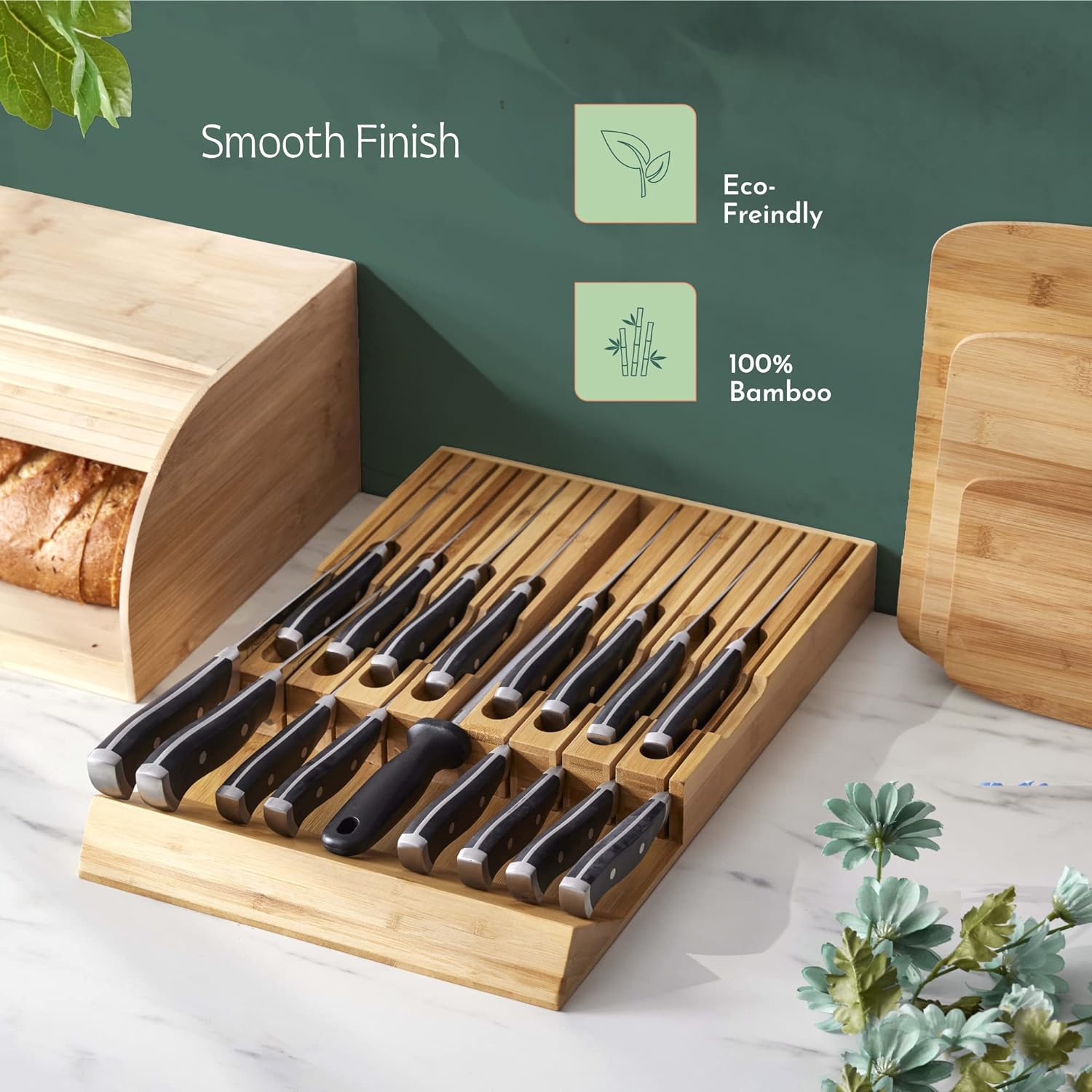 RUBOXA High-Grade 100% Bamboo Knife Drawer Organizer with 16 Knife Slots, 2 Pack