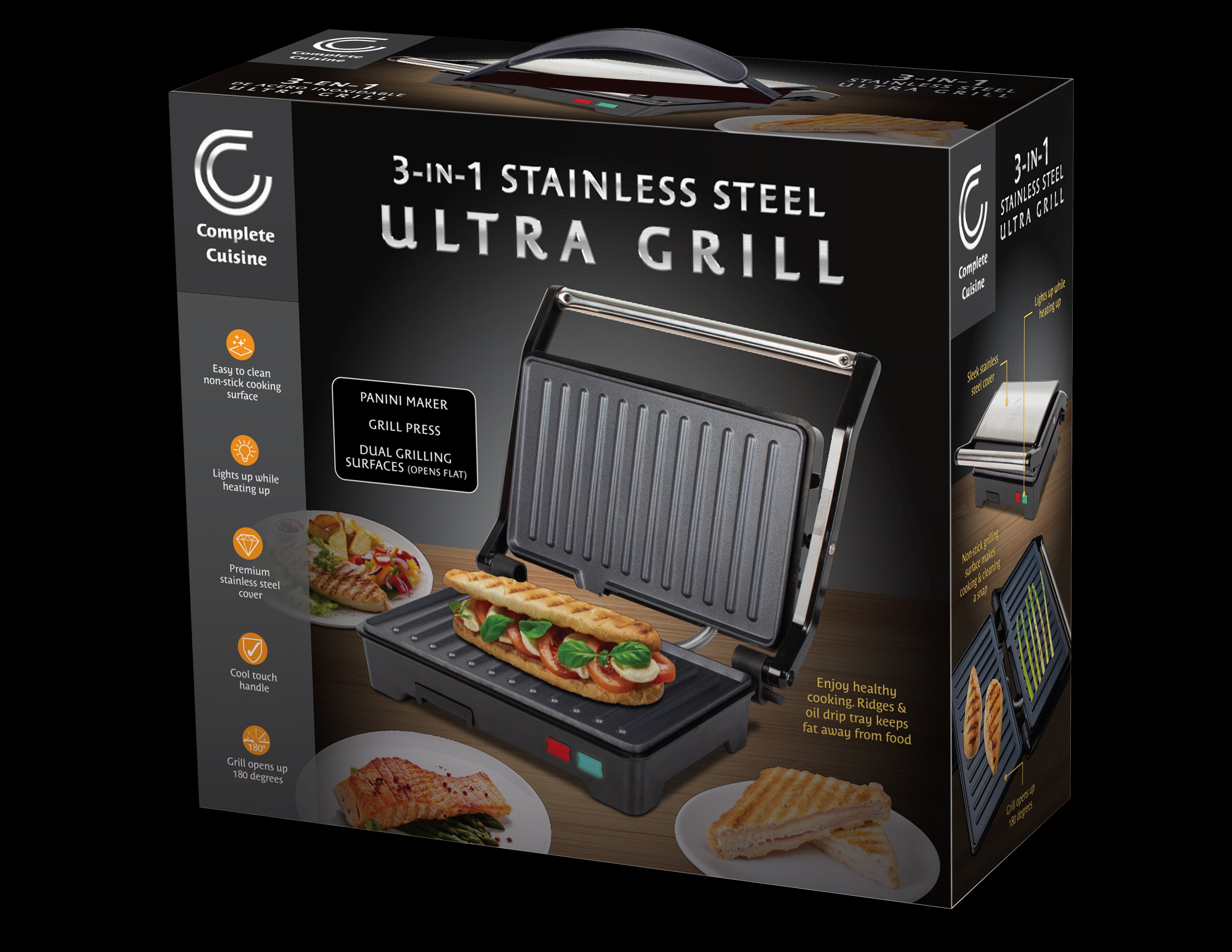 Complete Cuisine 3-in-1 Stainless Steel Ultra Grill, Opens 180 Degrees for Any Size Food