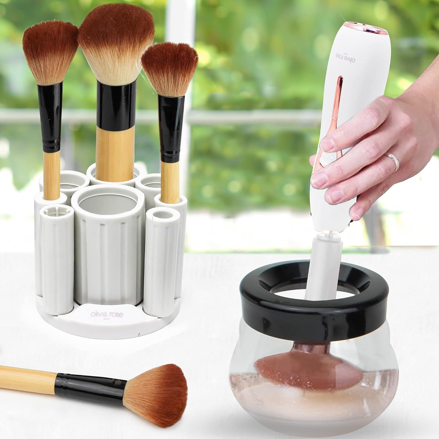 Olivia Rose Electric Makeup Brush Cleaner Spinner, Deep Cosmetic Makeup Brushes Cleaner with 8 Size Rubber Collars White/Rose Gold