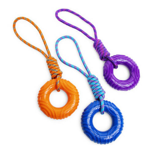 Squeaky Rubber Donut Ring On Rope Dog Toy (Assorted Colors)