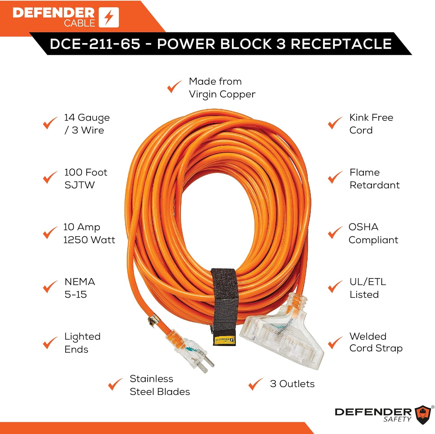 Defender Cable 14/3 Gauge, 100 ft Triple Outlet SJTW Contractor Grade Extension Cord, with Lighted end,UL/ETL Listed, All Purpose (OSHA Compliant) 100 Ft (Triple Tap)