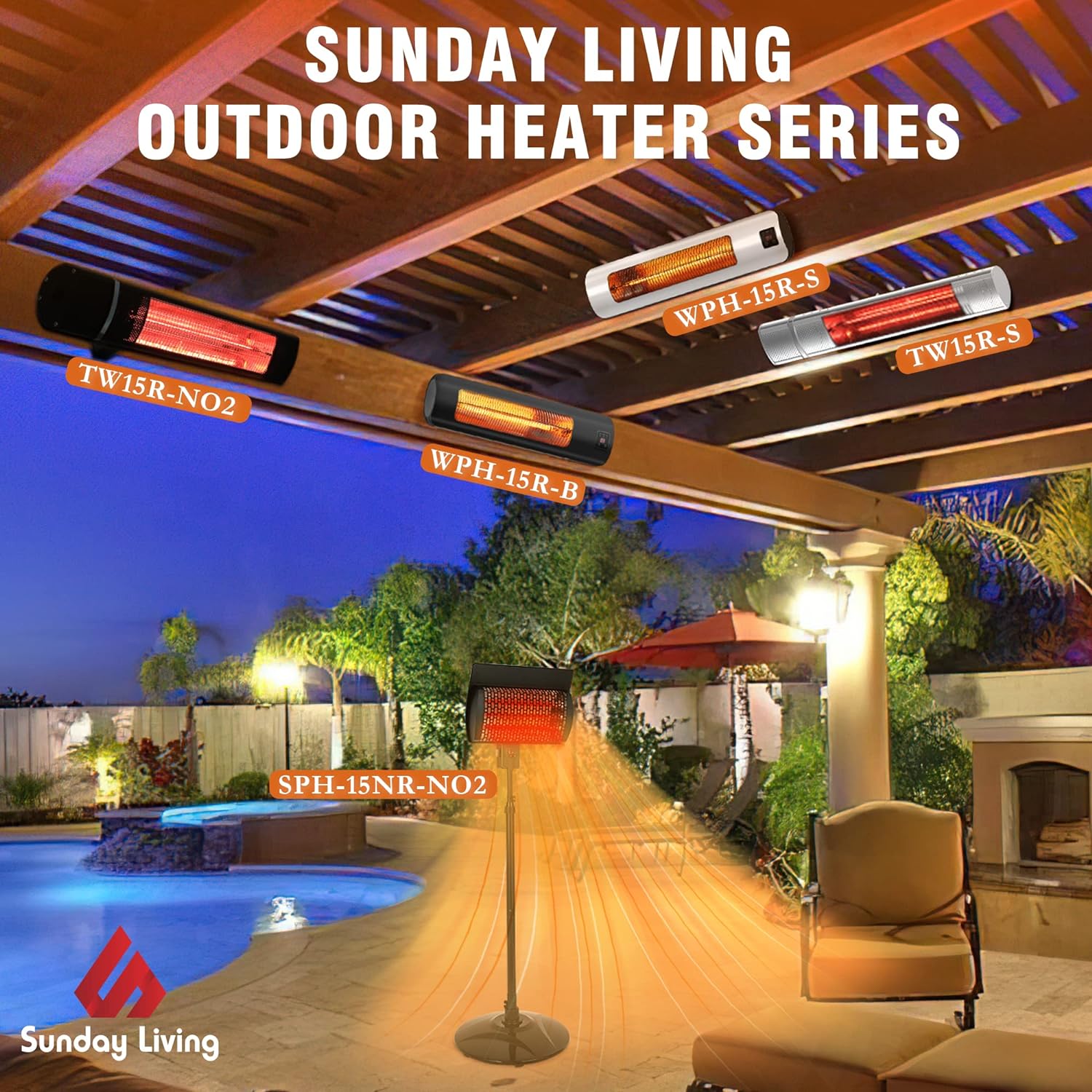 5 Sunday Living 1500W Electric Outdoor Patio Heater with 3 Power Settings, Overheat Protection & Remote