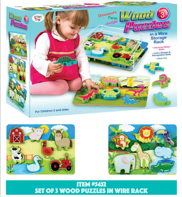 ETNA Toys Wood Puzzle Set With 3 Puzzles And Wire Storage Rack  Dinosaurs, Farm, and Jungle