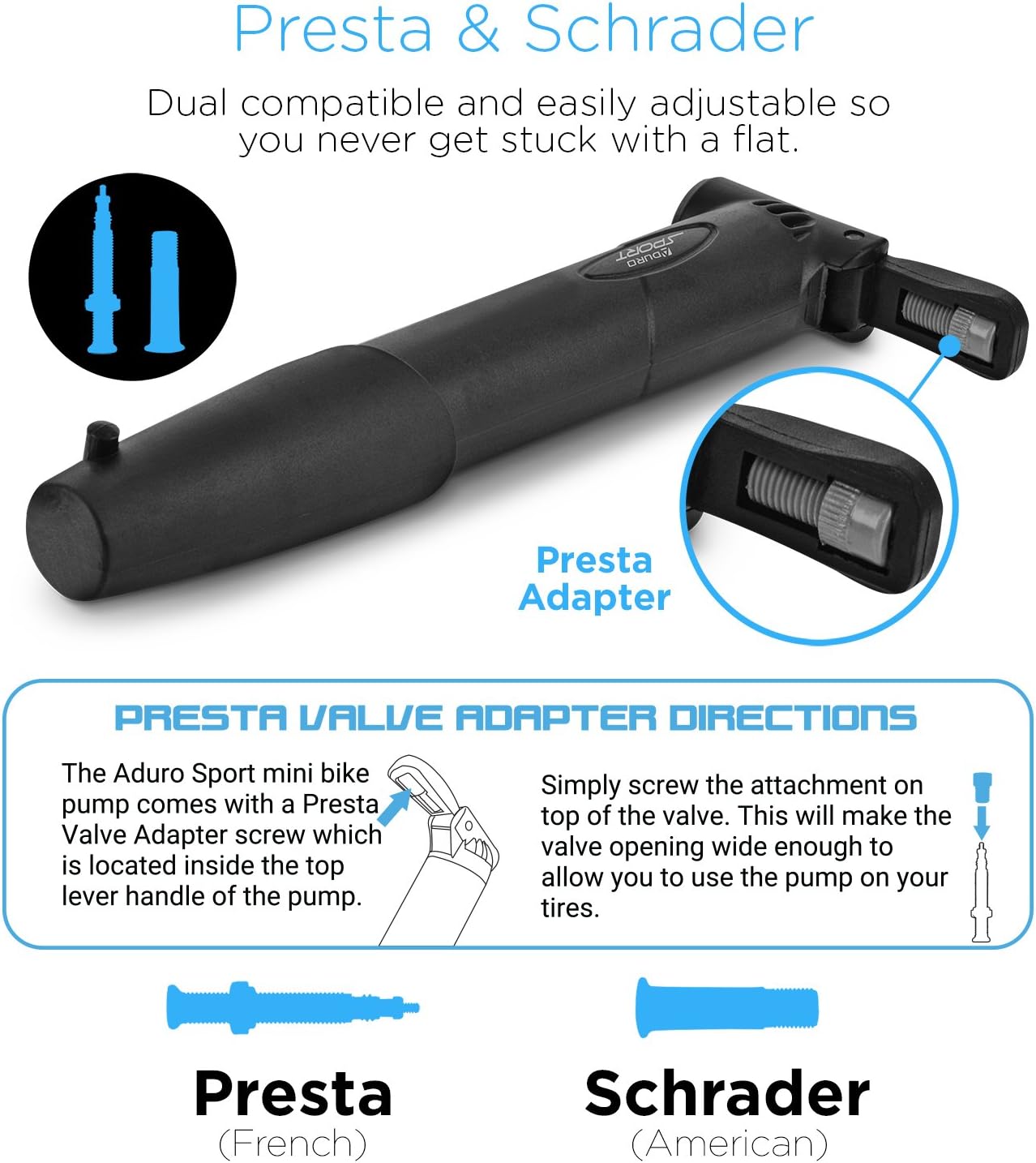 Aduro Sport Bicycle High Pressure Frame Pump Easily Mounts to Most Bikes