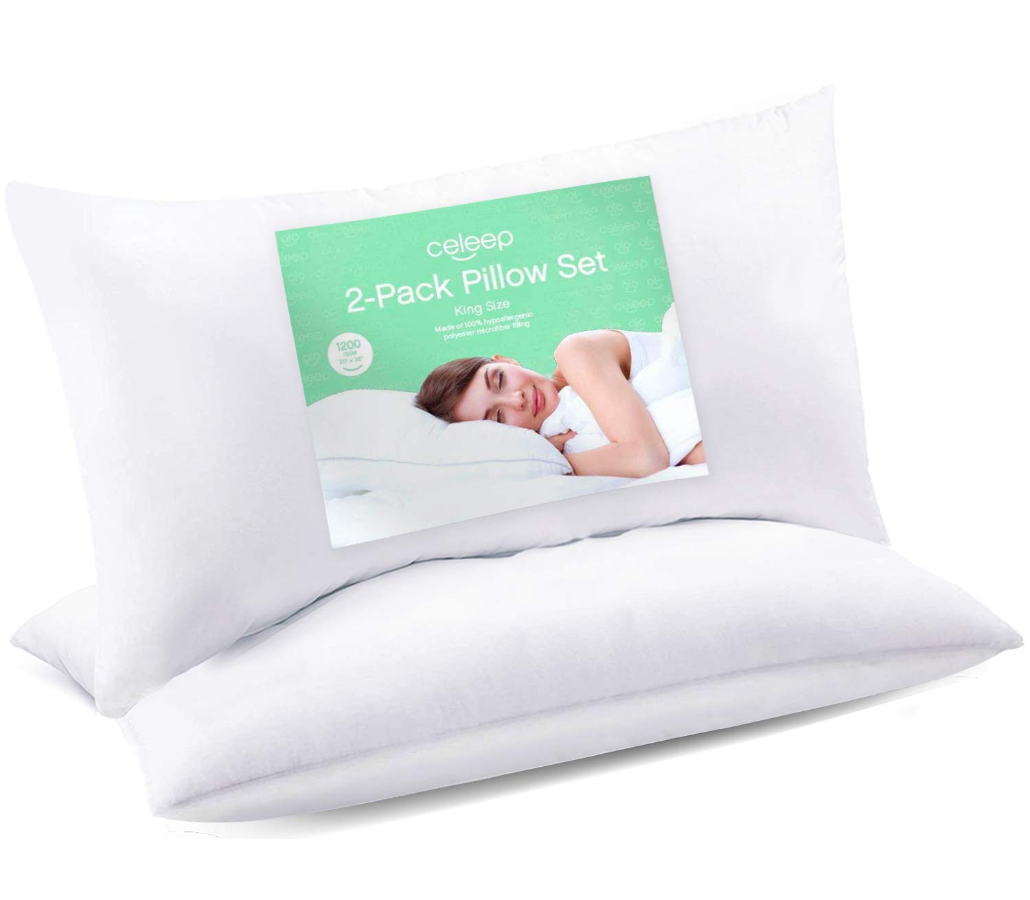 Celeep Microfiber Filled King Size Pillow, Set of 2