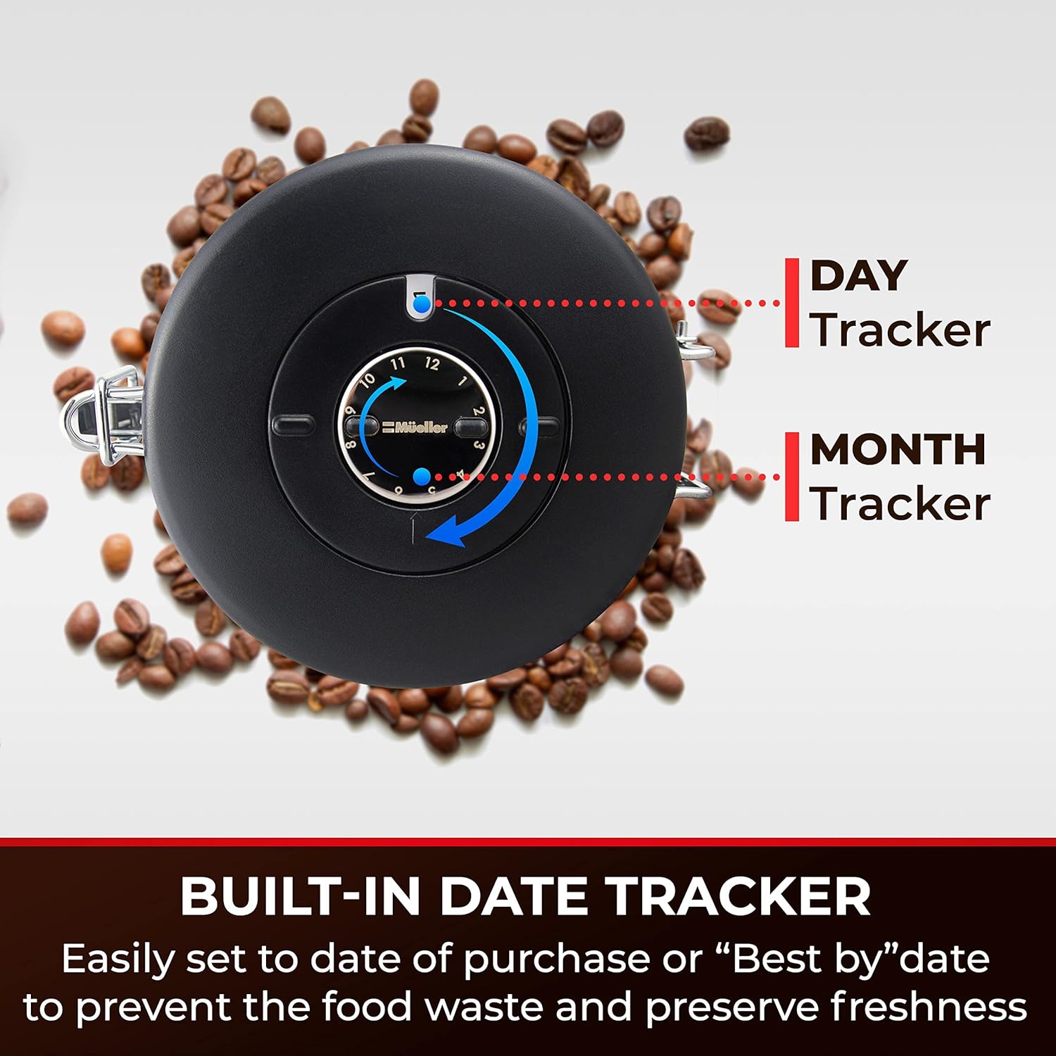 Mueller 21oz Coffee Canister Stainless Steel Container with Day and Month Tracker, Stainless Steel Spoon Included