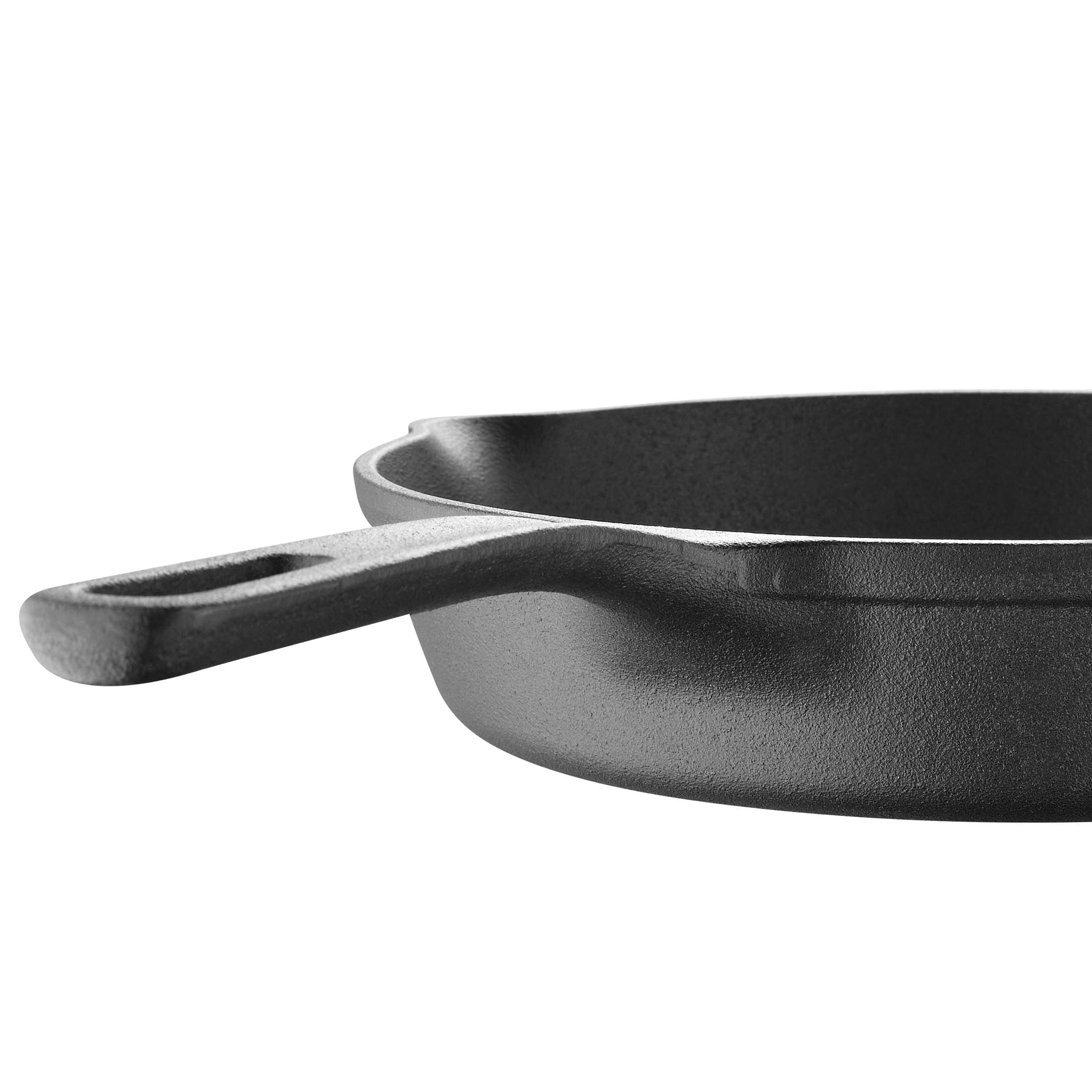 BBQ by MasterPRO - 12" Pre Seasoned Cast Iron Fry Pan with Helper Handle and Dual Spouts, Black