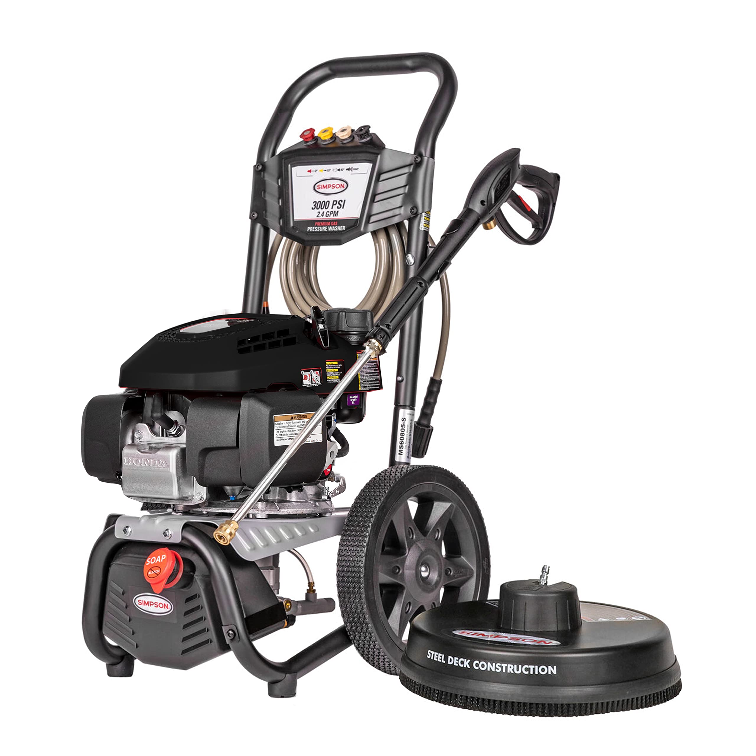 Simpson Cleaning MS60805(-S) MegaShot 3000 PSI Gas Pressure Washer, 2.4 GPM, Honda GCV170 Engine, Includes 15" Surface Cleaner, Spray Gun, Extension Wand, On-board Soap Tank, 4 QC Nozzles, 25-ft. Hose Pressure Washer 3000 PSI Honda GCV170 (Refurbished)