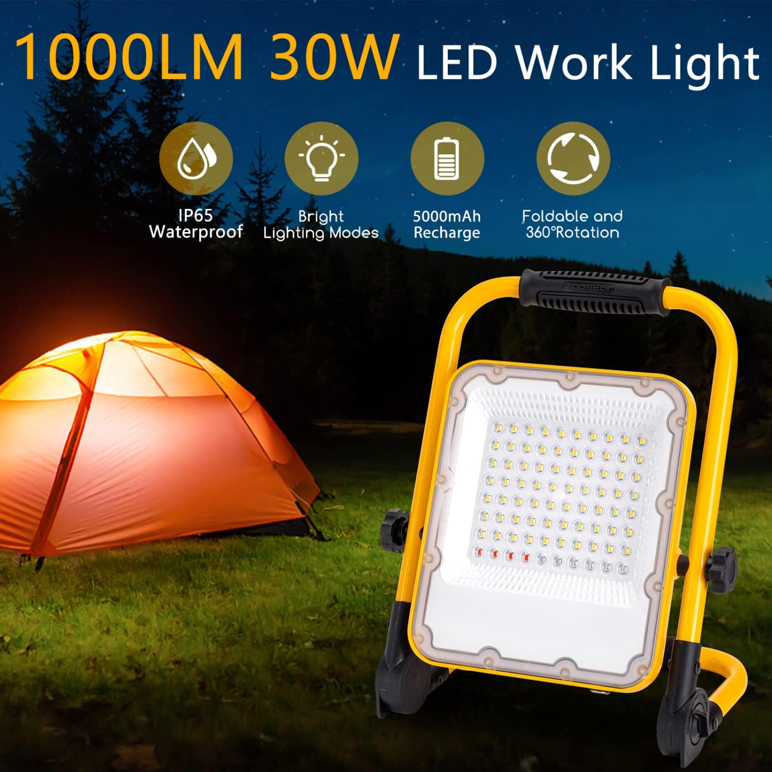 Aigostar 6500K Flood Light Rechargeable LED Work Light with Stand, 1000lm Waterproof, Foldable, 4 Modes