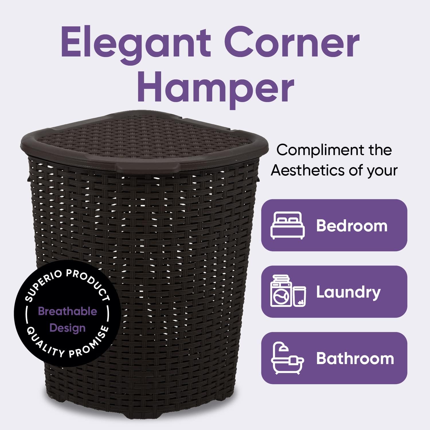 Superio 52L Corner Laundry Hamper with Lid, Curved Plastic Laundry Basket with handles, Wicker Design, Brown