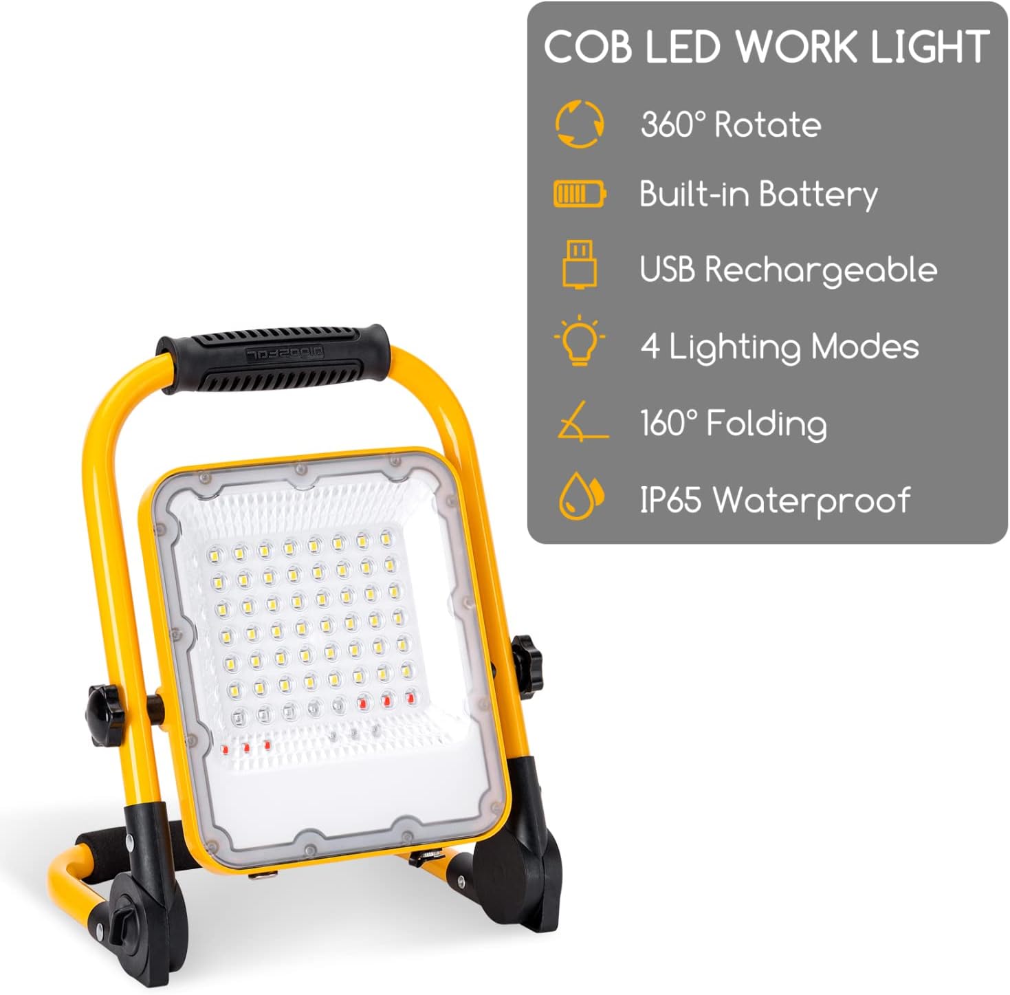 Aigostar 6500K Flood Light Rechargeable LED Work Light with Stand, 1000lm Waterproof, Foldable, 4 Modes