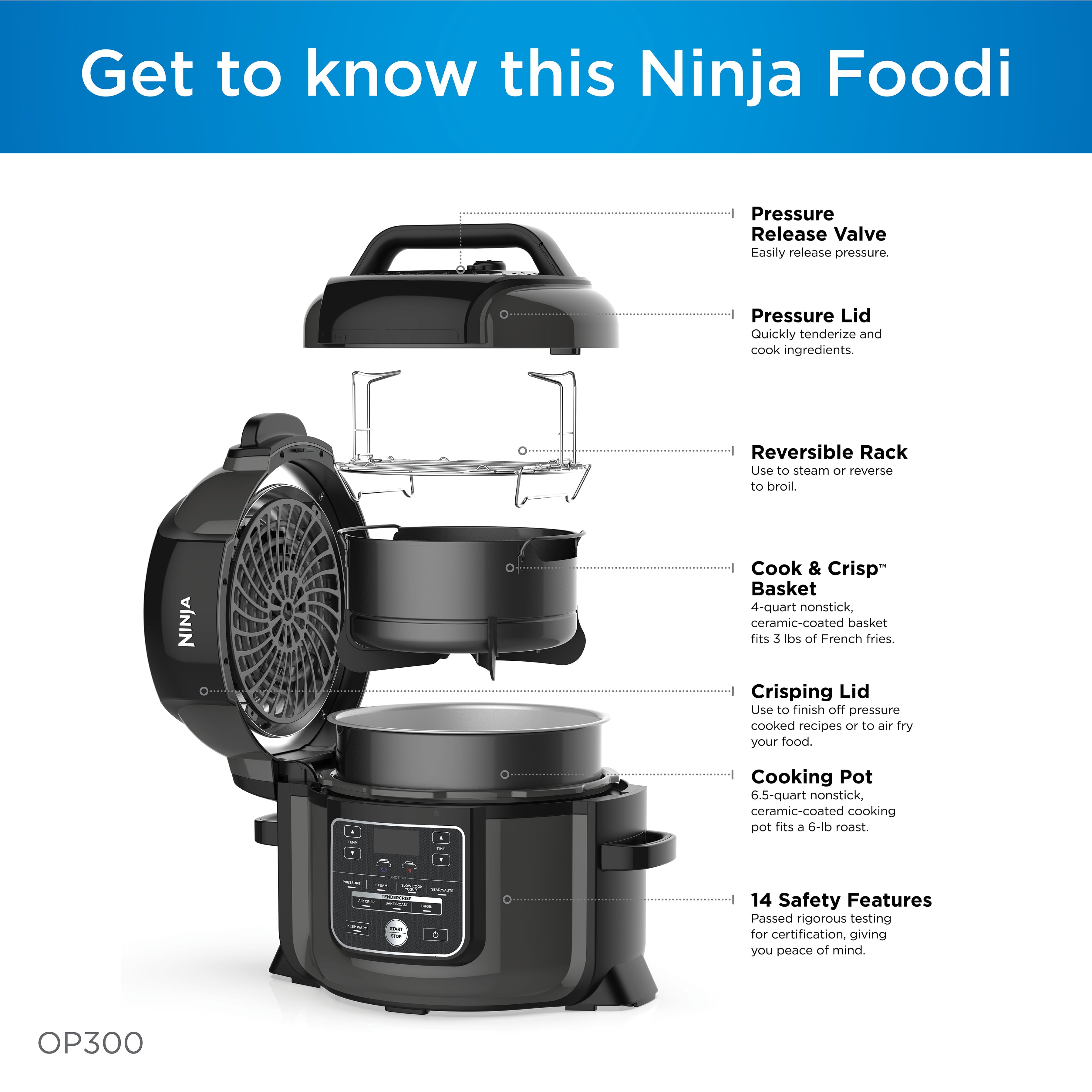 Restored Ninja Foodi TenderCrisp 8-in-1 6.5-Quart Pressure Cooker, OP300 (Factory Refurbished)