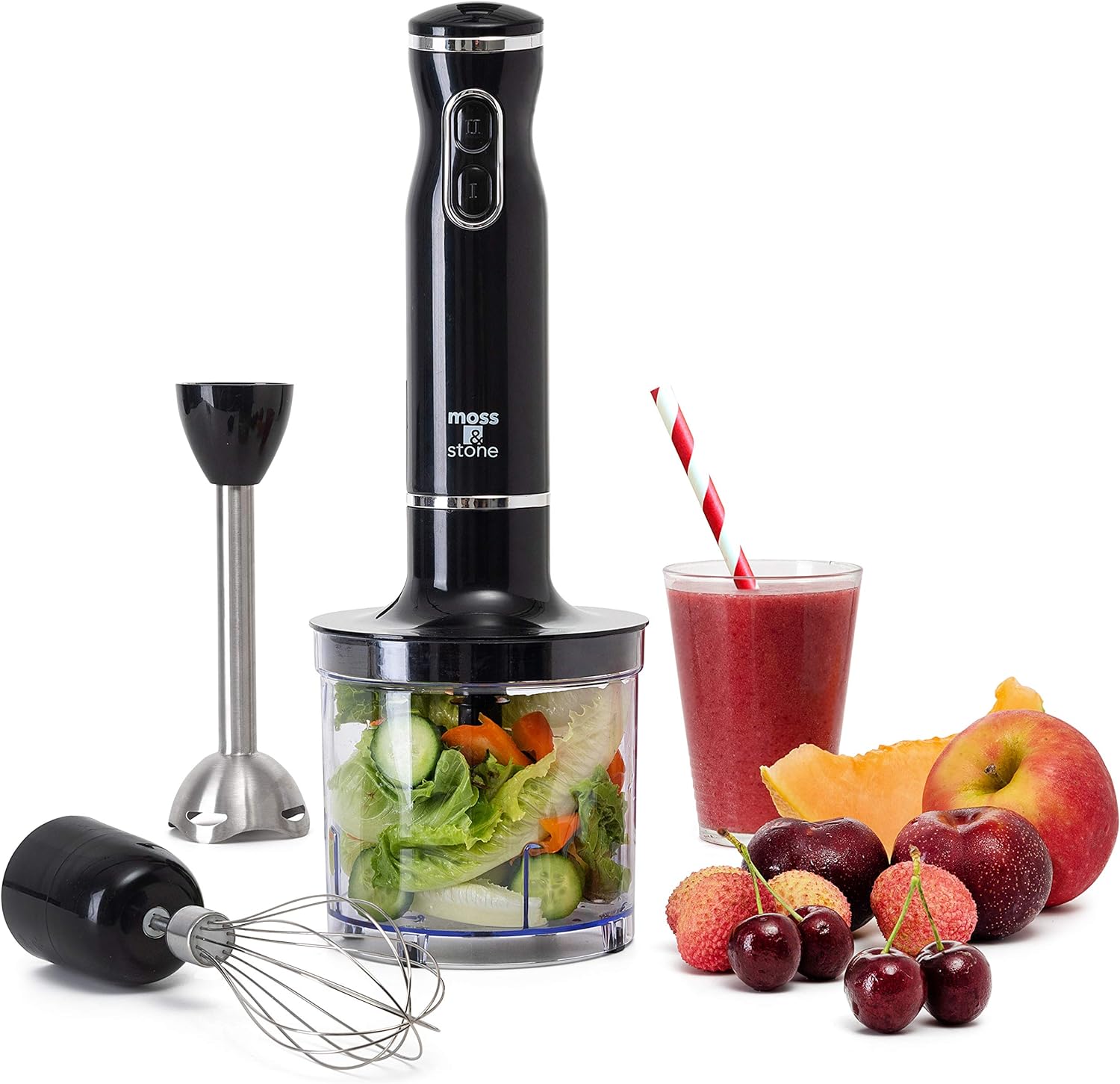 Moss & Stone Stainless Steel 300 Watt Hand Blender with Egg Whisk & Chopper