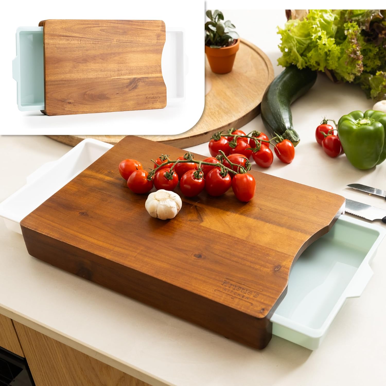 Kristie's Kitchen Wood Cutting Board Meal Prep Station With Pull Out Trays