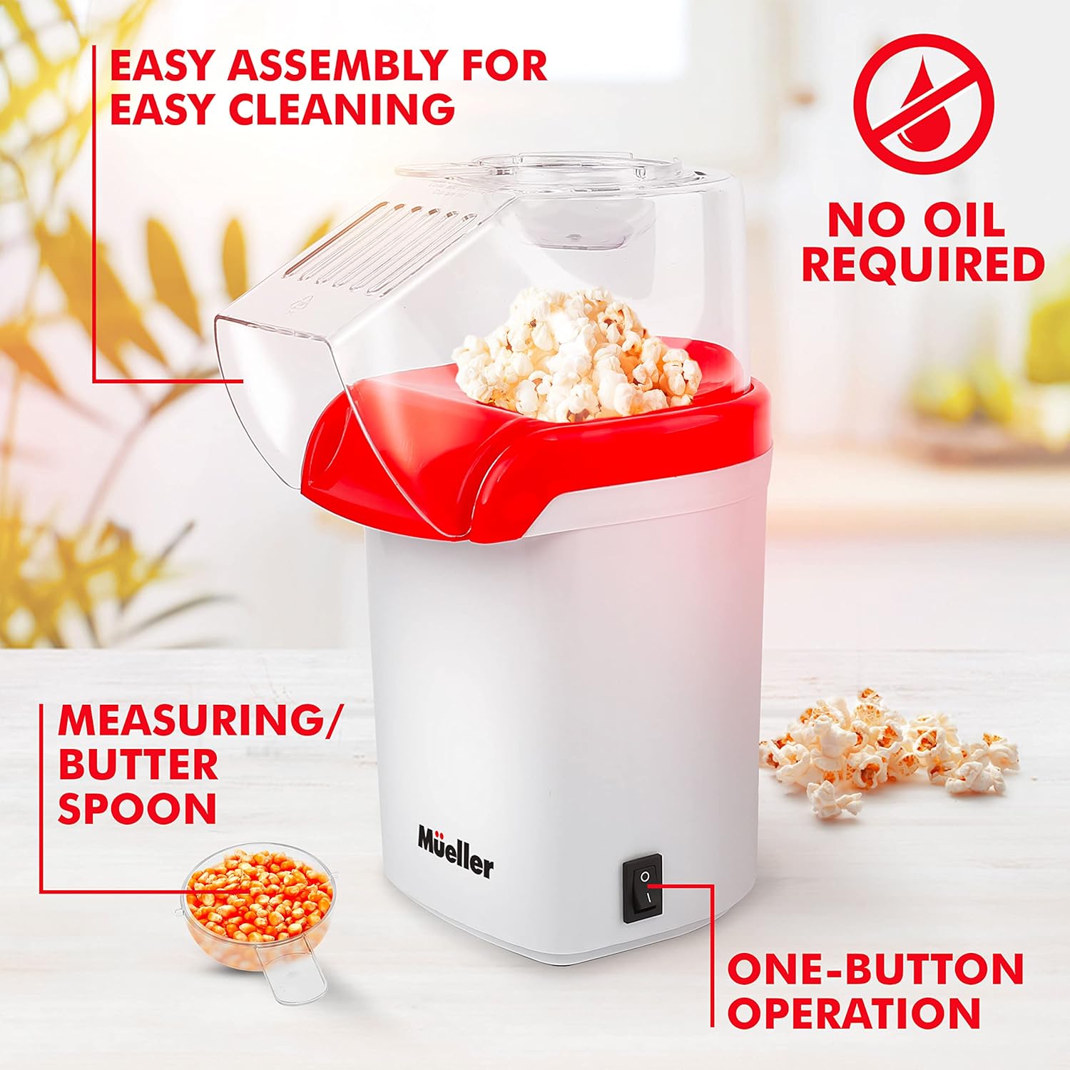 Mueller Ultra Pop, Hot Air Popcorn Popper, Electric Pop Corn Maker, Healthy and Quick Snack, No Oil Needed with Measuring/Butter Cup