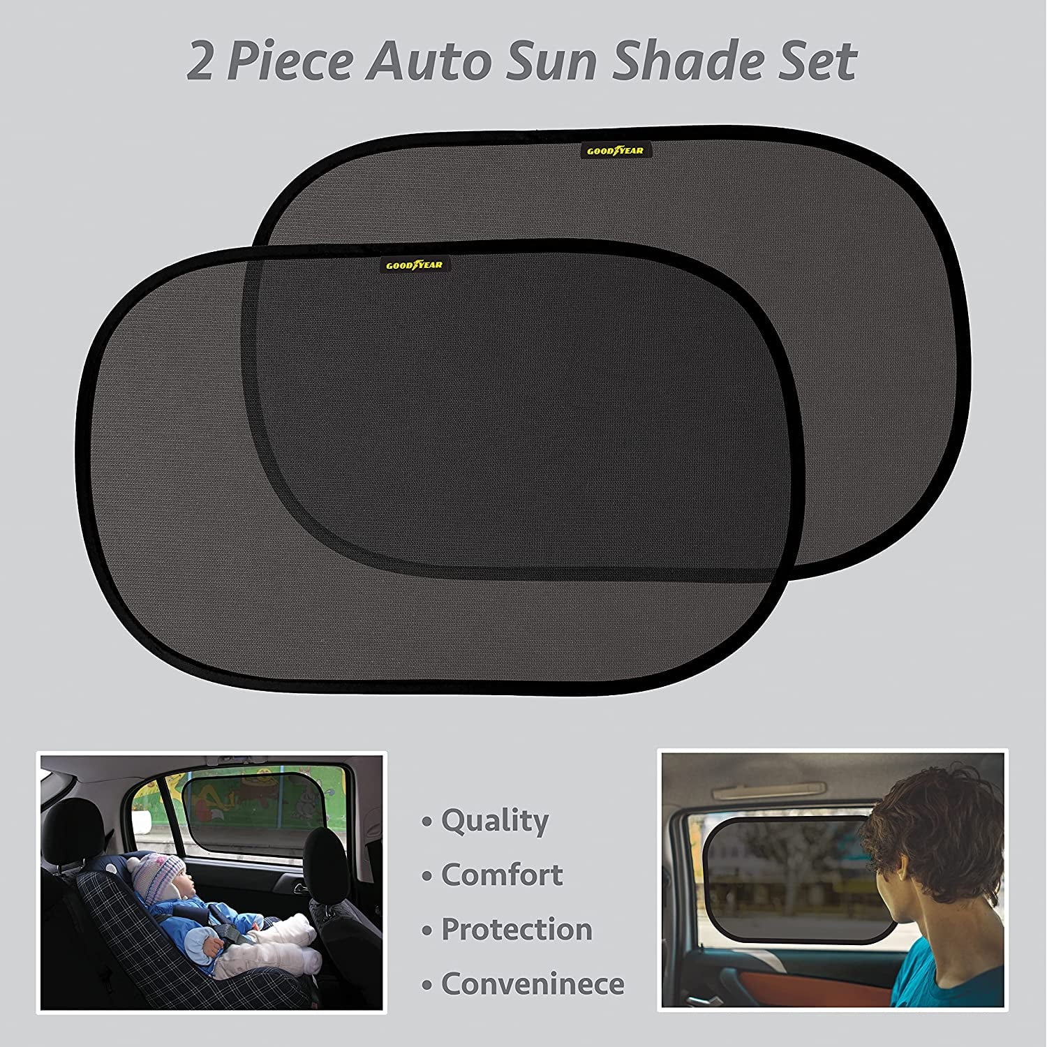 Good Year 2 Pack Self Sticking Car Window Shades with Duel Layered Design for Maximum Sun Protection and Visibility