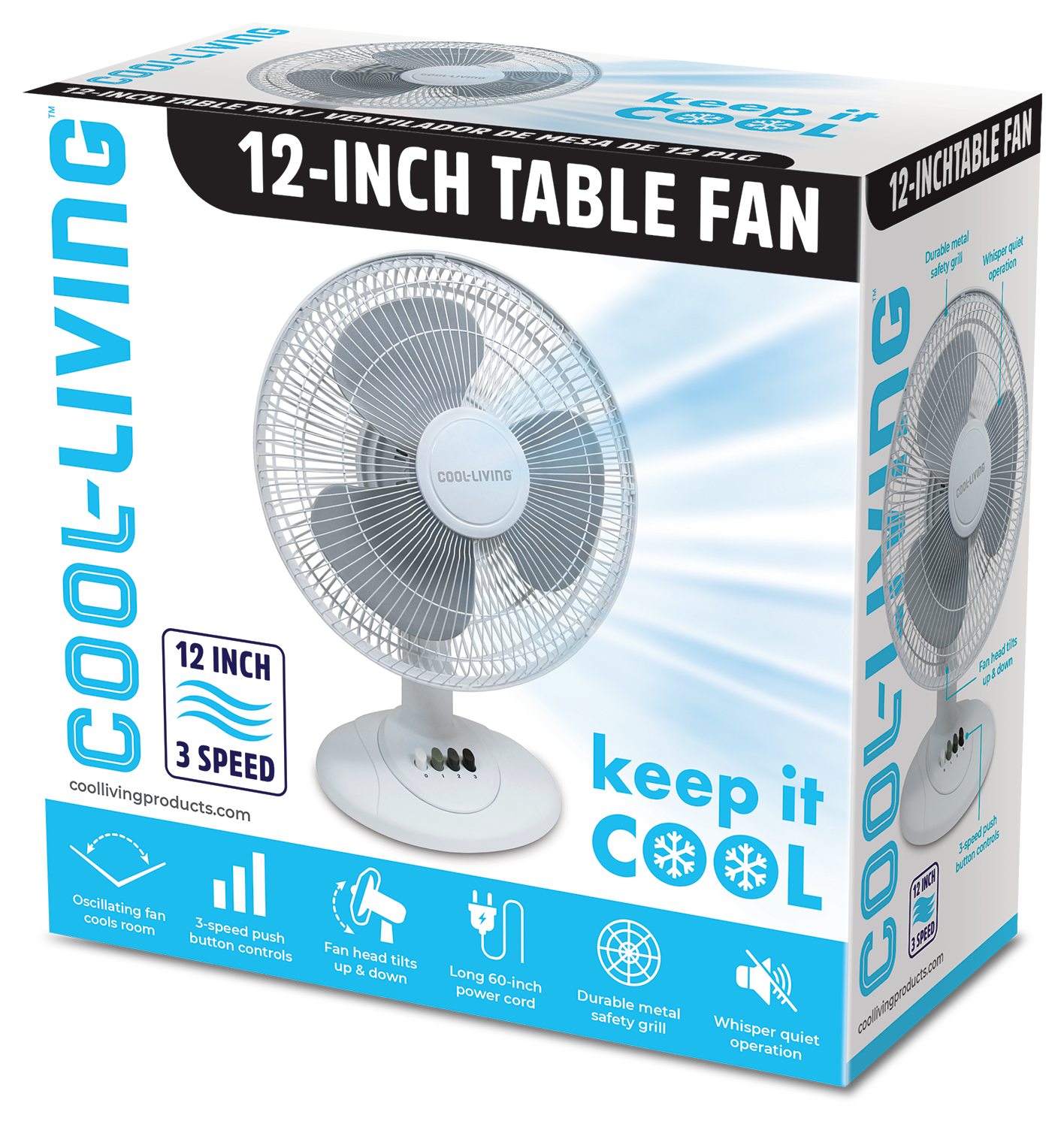 Cool Living 12" 3-Speed Oscillating Table Fan with Adjustable Tilt, Convenient Push Button Controls, Quiet Operation