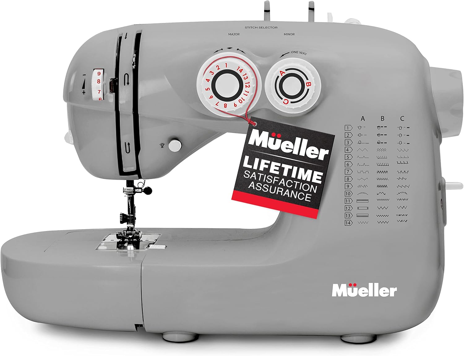 Mueller Ultra Stitch Sewing Machine, 110 Stitch Applications, LED Light, Foot Pedal, Reverse, Buttonhole, Button and Zipper Sewing, Easy to Use, Thread Cutter, Removable Accessories Storage, Grey