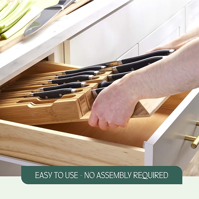 RUBOXA High-Grade 100% Bamboo Knife Drawer Organizer with 16 Knife Slots, 2 Pack