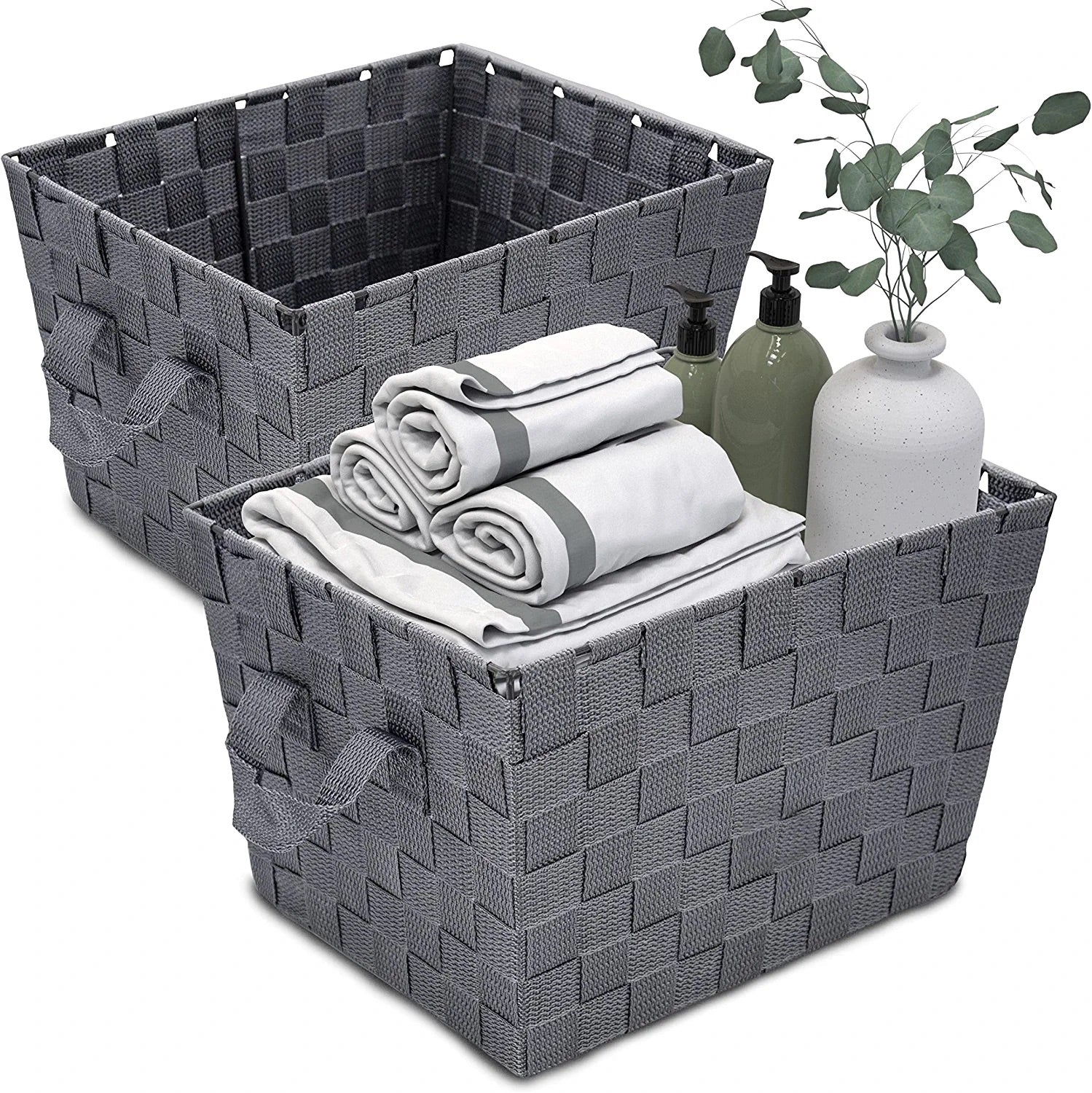Brookstone 2 Pack Woven Storage Baskets with Handles, Decorative Clothes/Toys/Clutter Organizer, Dark Gray