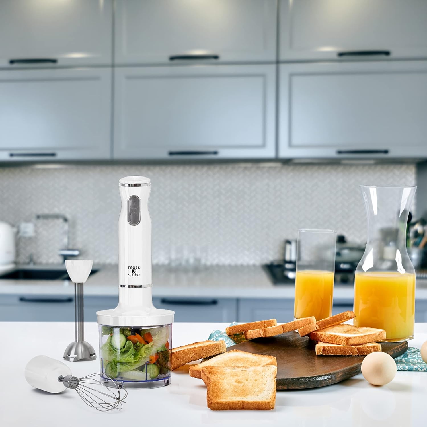 Moss & Stone Stainless Steel 300 Watt Hand Blender with Egg Whisk & Chopper