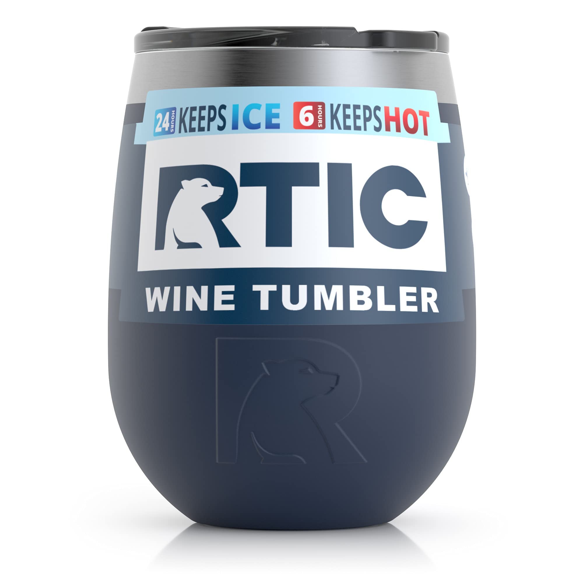 RTIC Insulated Wine Tumbler with Lid, Stainless Steel Metal, Stemless Wine Glass for Travel, Picnics, Outdoor Camping, Navy, 10 oz Cup