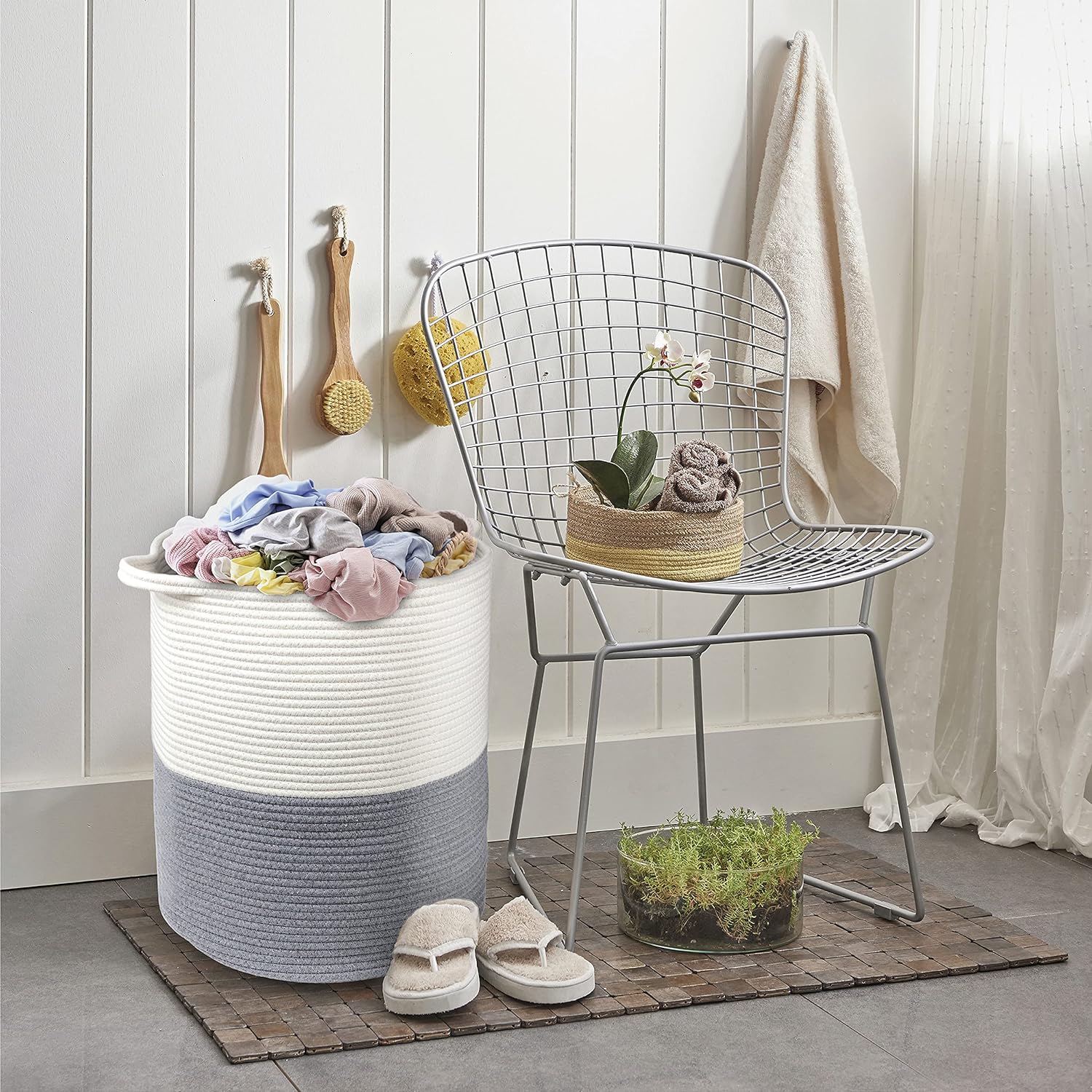 Brookstone Large Cotton Rope Storage Basket with Handles, 18.5 X 16