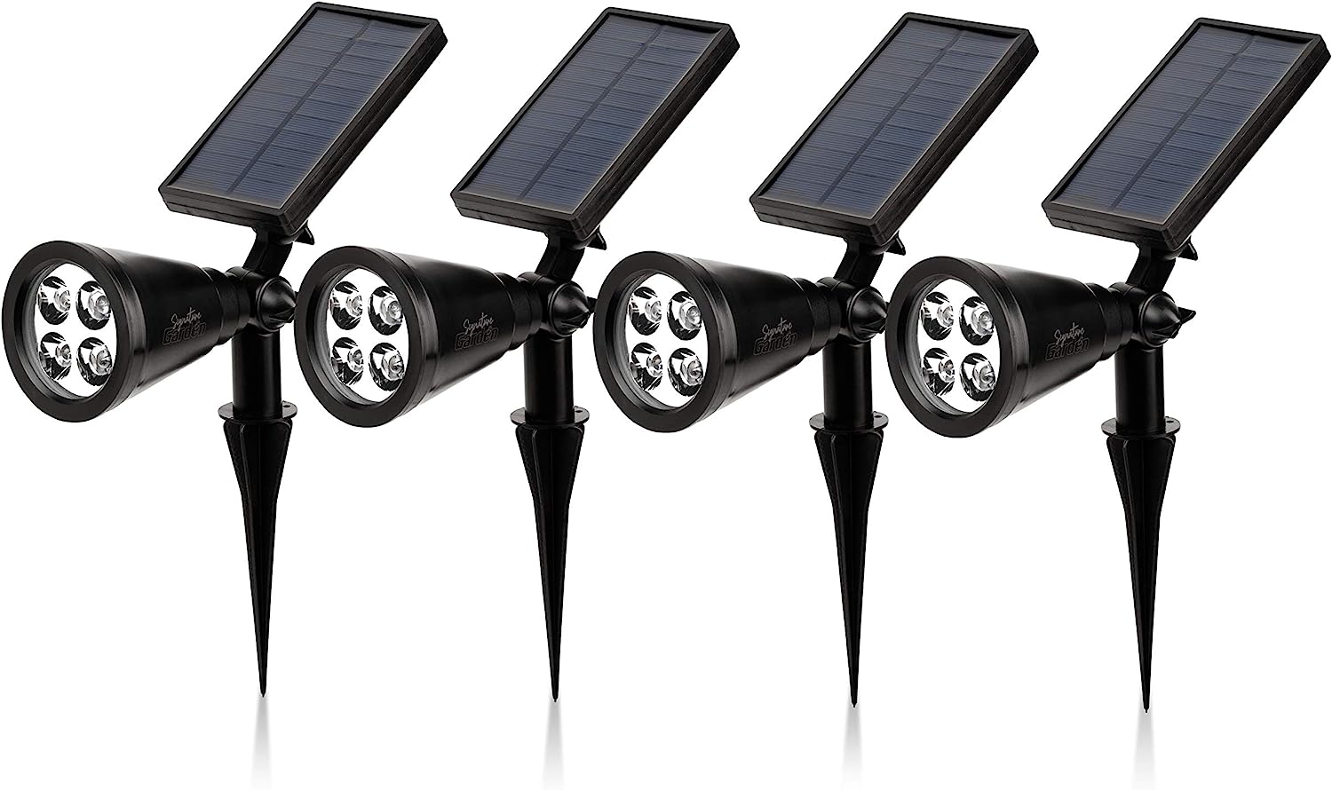 Signature Garden LED Solar Garden Spotlights (4 Pack) Super-Bright, Easy No-Wire Installation with Ground or Wall Mount Option. Auto On/Off. All-Weather/Water-Resistant