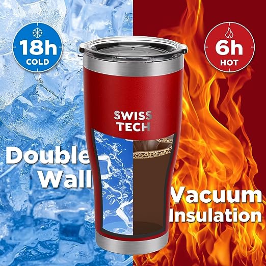 SWISS+TECH 20 oz Tumbler, Stainless Double Wall Vacuum Insulated Tumbler with Lid and Wide Mouth, Red