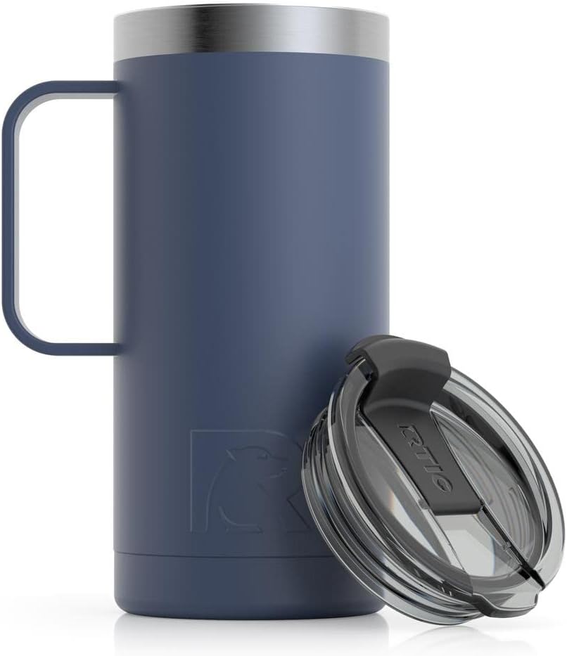 RTIC 16 oz Coffee Travel Mug with Lid and Handle, Stainless Steel Vacuum-Insulated Mugs, Leak, Spill Proof, Hot Beverage and Cold, Portable Thermal Tumbler Cup for Car, Camping, Freedom Blue Freedom Blue 16 Ounce