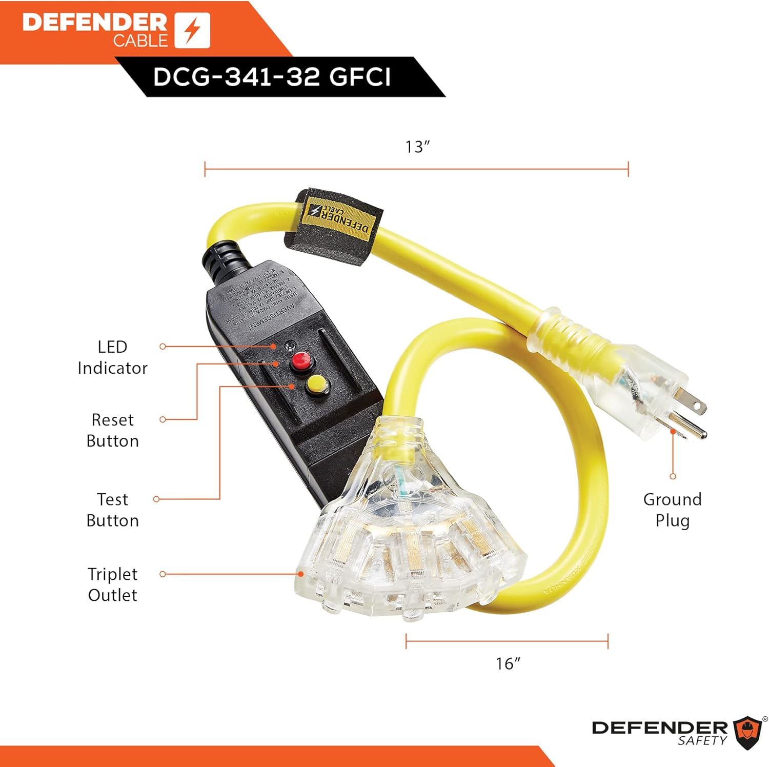 Defender Safety 12/3 Gauge, 3 ft, STW POWER BLOCK, 125V, 20 AMP w/ Lighted Ends Contractor Grade, UL/ETL Listed