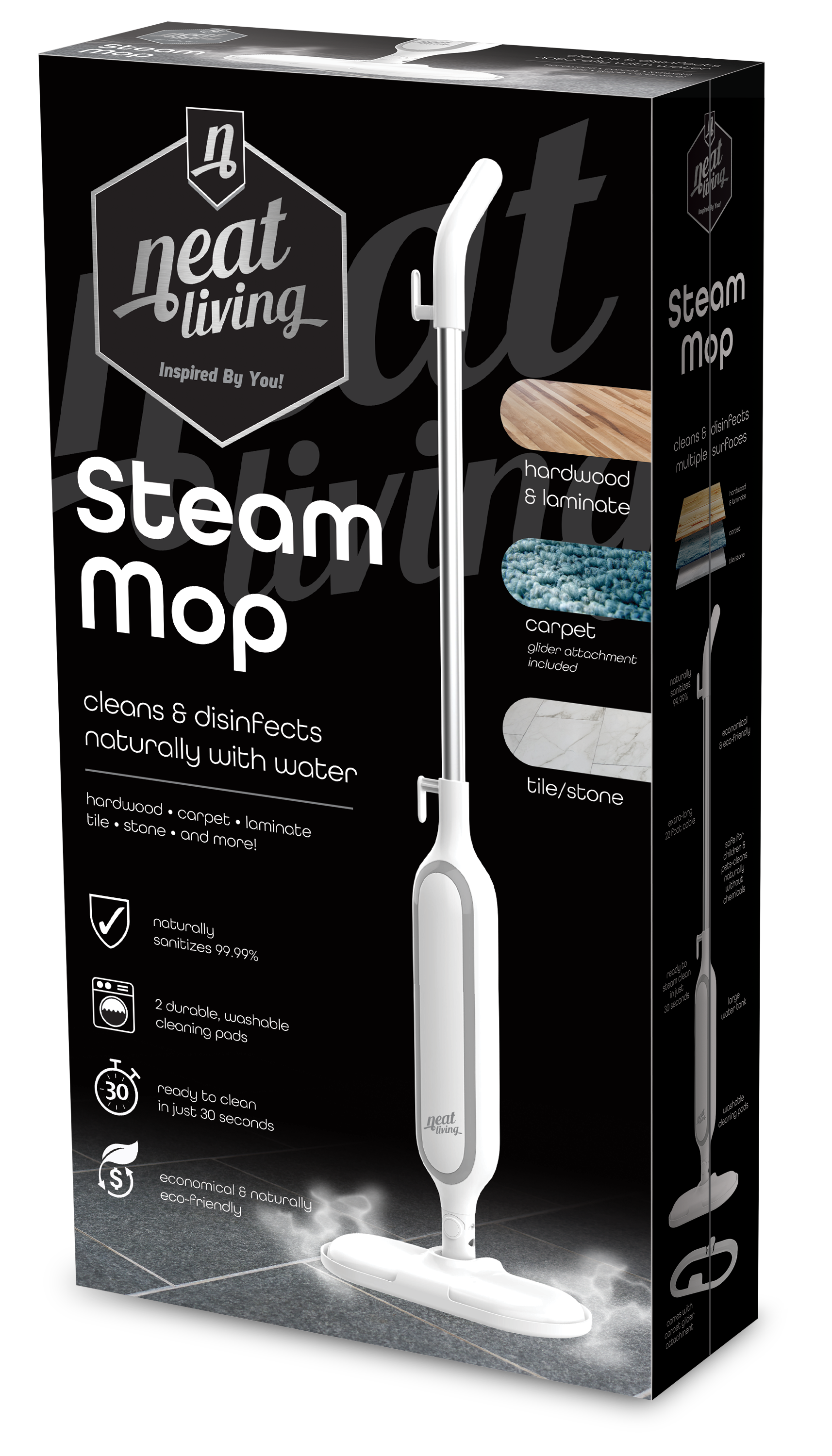 Neat-Living Steam Mop with 2 Dirt Grip Pads, Lightweight, Safe for all Sealed Hard Floors like Tile, Hardwood, Stone, Laminate, Vinyl & More