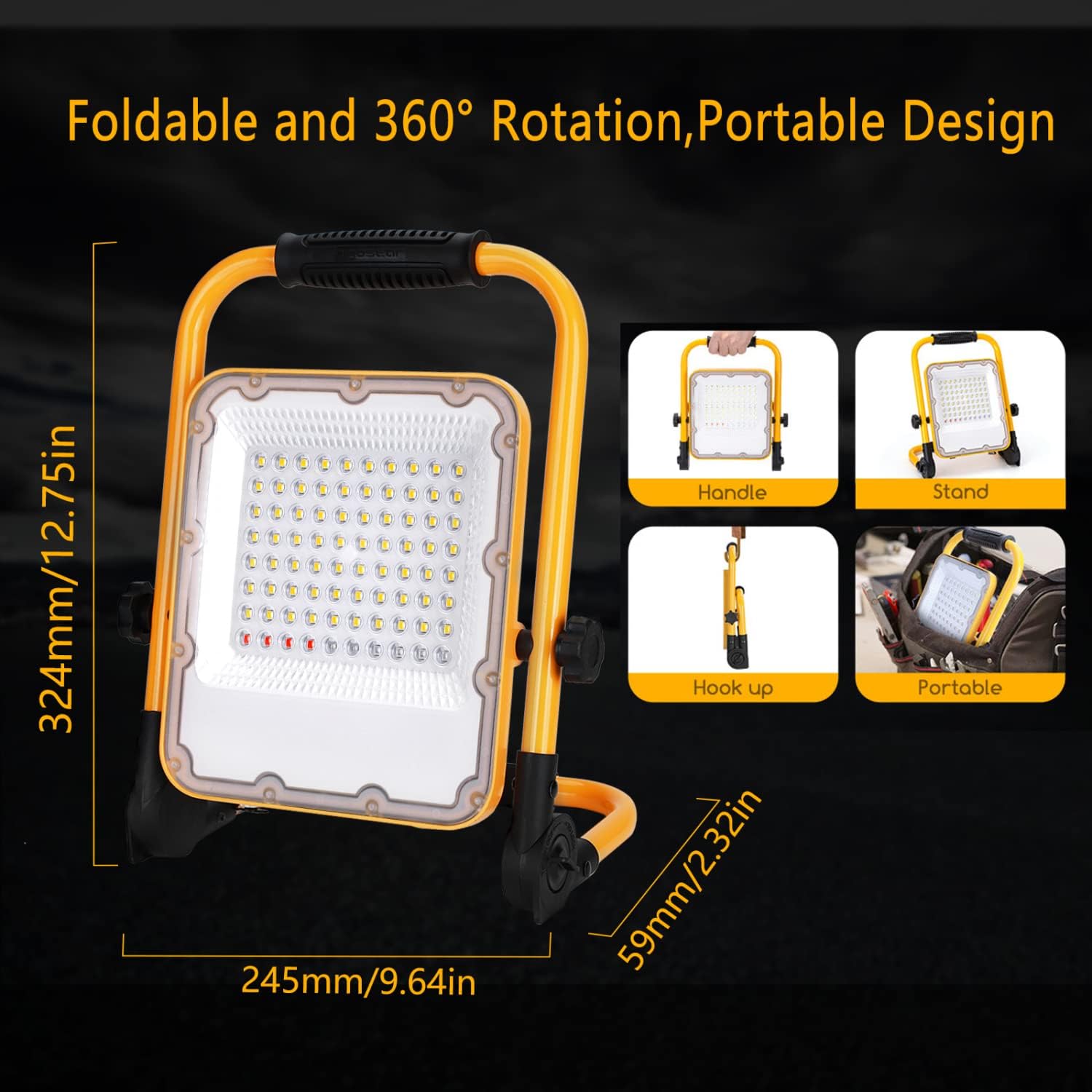 Aigostar 6500K Rechargeable LED Flood Light with Stand, 1000lm Waterproof, 4 Modes, Foldable