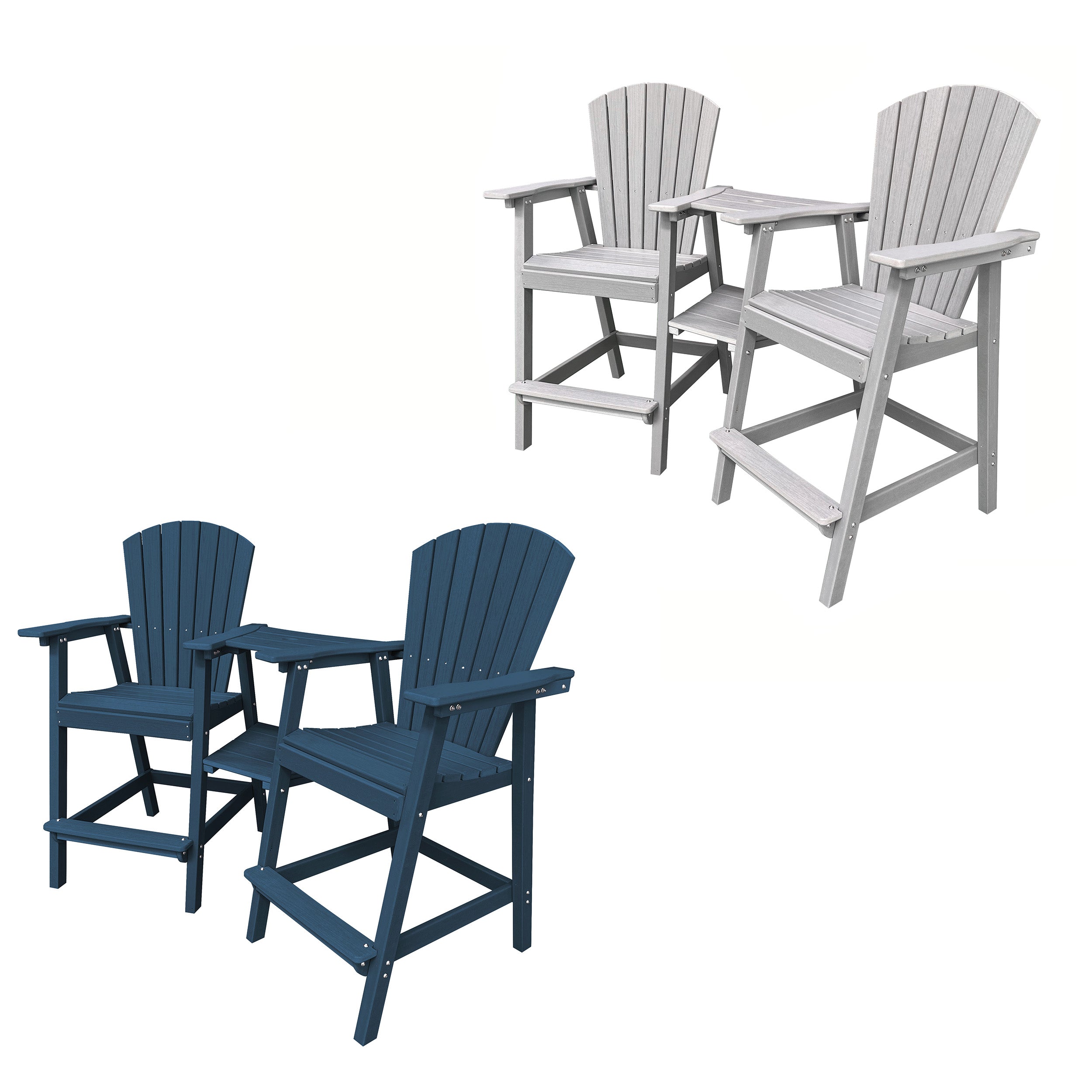 Set of 2 Tall Adirondack Chairs with Connecting Double Tables, Umbrella capable