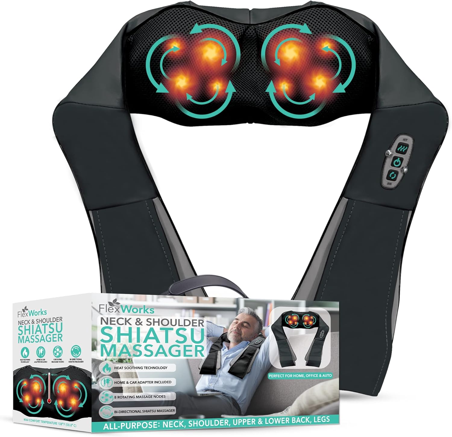 Aduro Sport FlexWorks Shiatsu Neck Shoulder & Back Massager with Heat & Deep Kneading