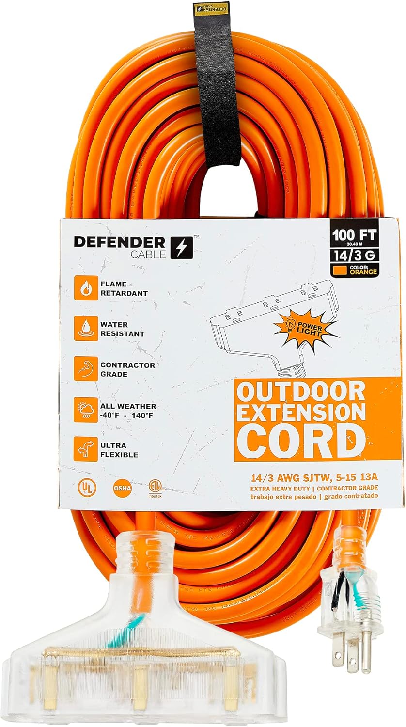 Defender Cable 14/3 Gauge, 100 ft Triple Outlet SJTW Contractor Grade Extension Cord, with Lighted end,UL/ETL Listed, All Purpose (OSHA Compliant) 100 Ft (Triple Tap)