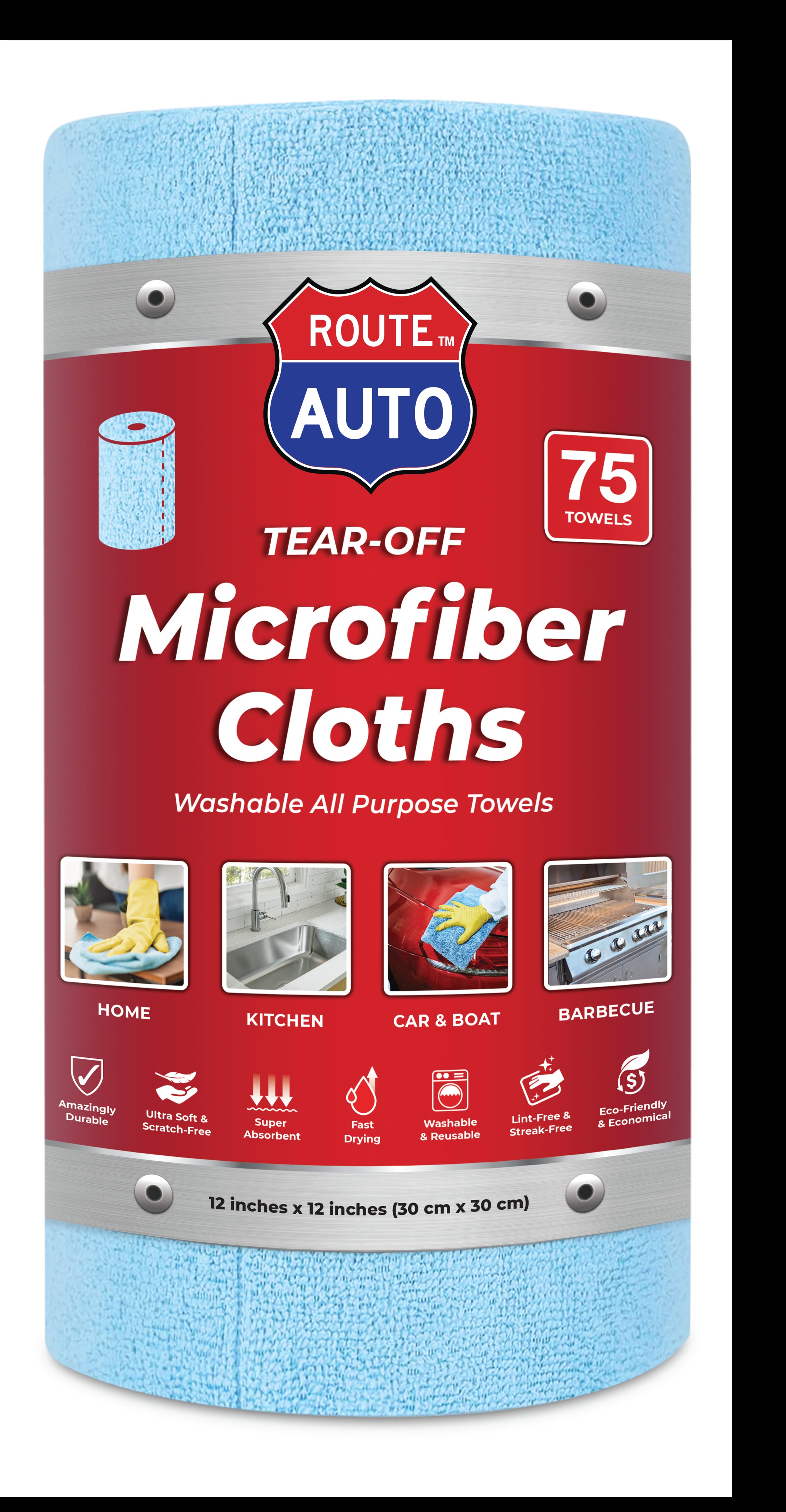 Route Auto 75-Sheet Tear Off Microfiber Cloths, Washable All Purpose Towels, 12in x 12in