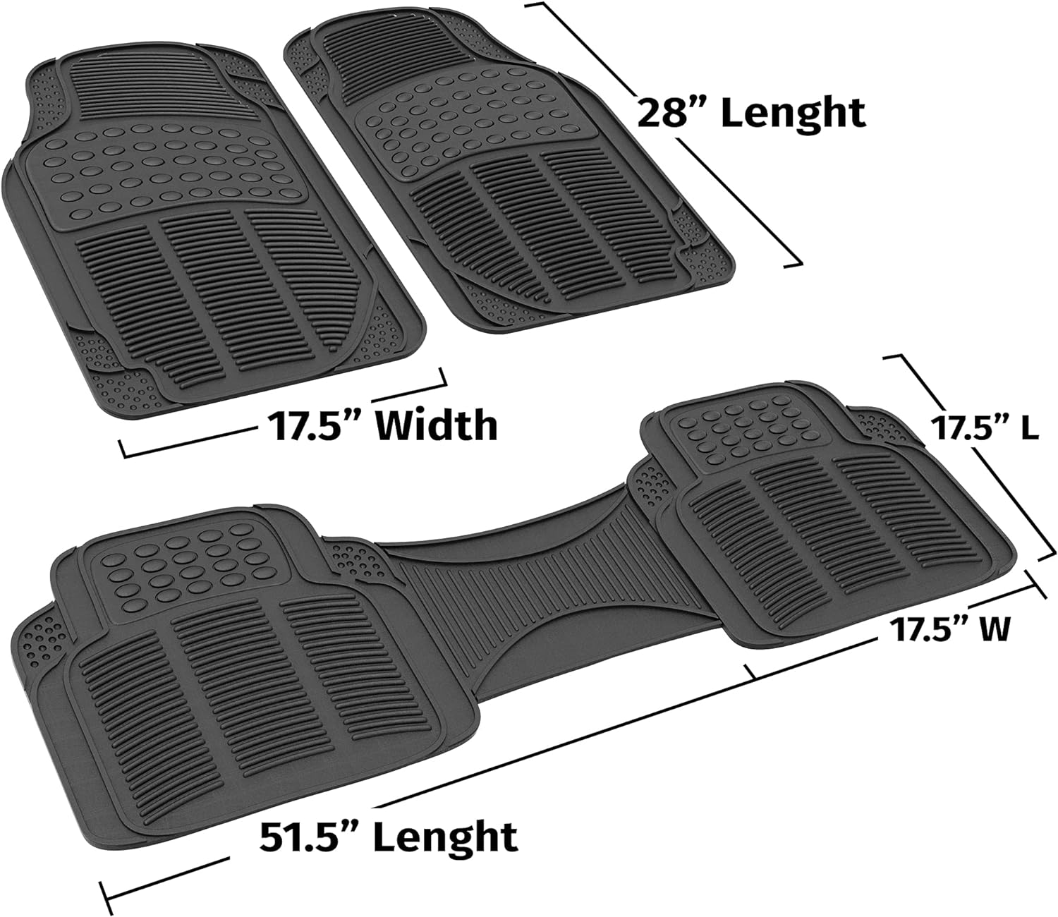 Route Auto Truck 3-Piece Full Set Ridged Heavy Duty Rubber Floor Mat - (Black)