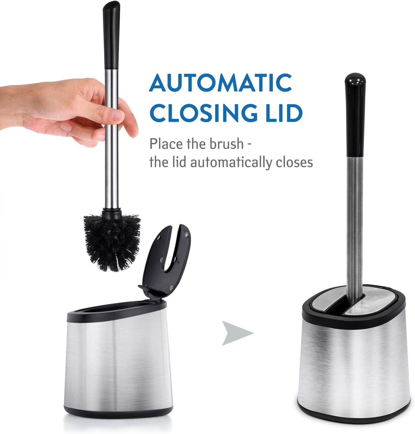 Tatkraft Shy Stainless-Steel Brush, Modern Design with Automatic Closing Lid for Comfort, Rust and Corrosion Proof Premium Quality Toilet Brush, Sturdy and Flexible Brush Fibers