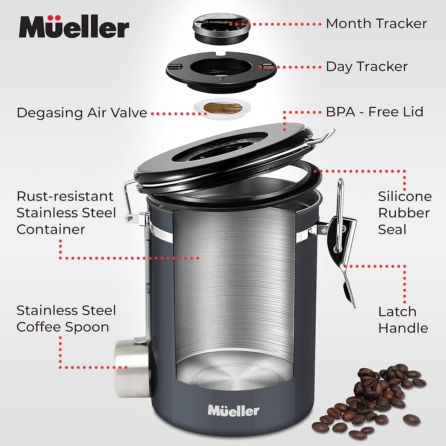 Mueller 21oz Coffee Canister Stainless Steel Container with Day and Month Tracker, Stainless Steel Spoon Included