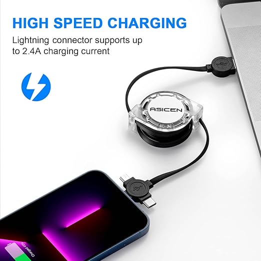 KickPower 3 in 1 Retractable Multi Fast Charging Cord with Lightning/Micro/Type C, 2 Pack