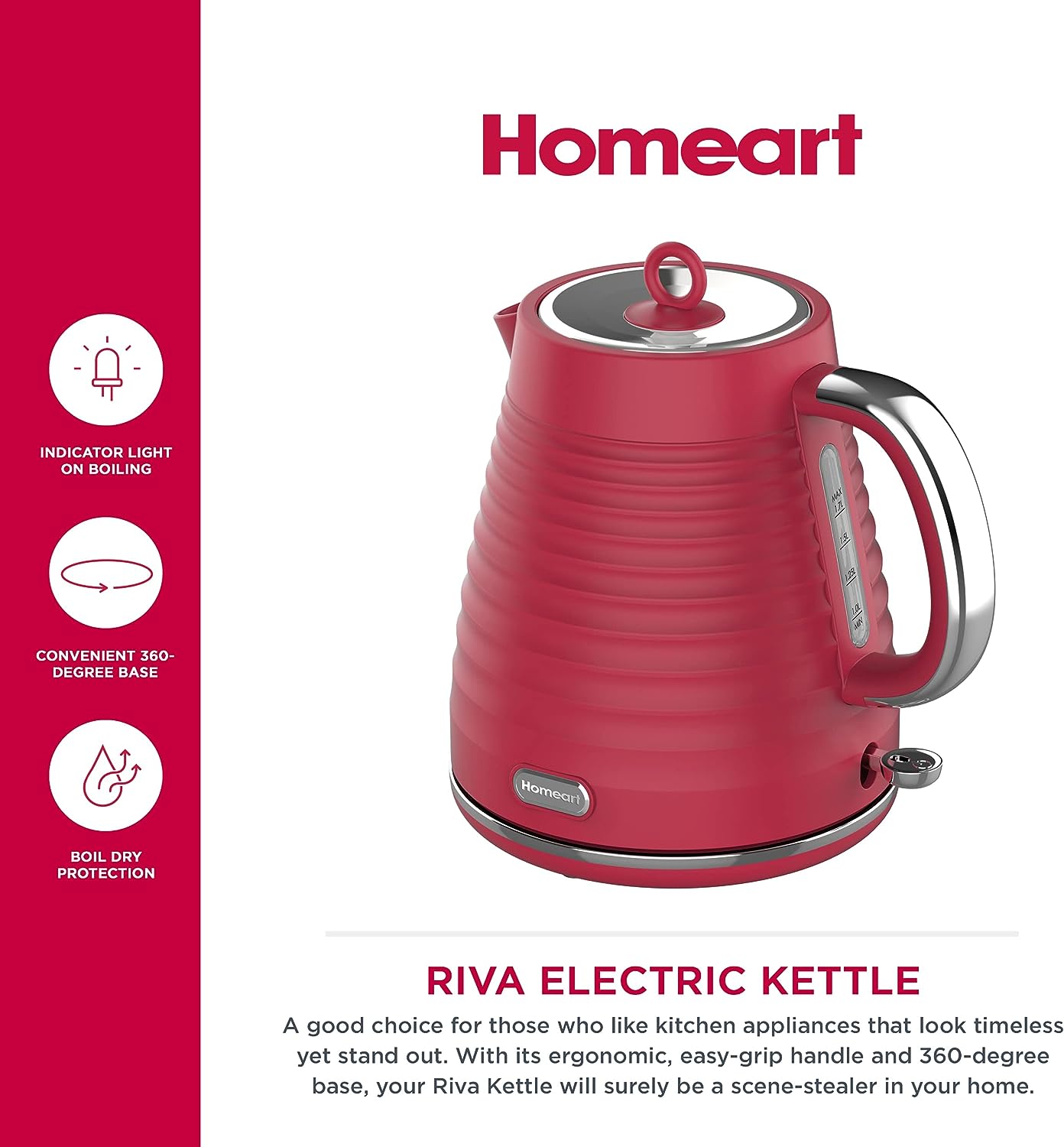 Homeart Riva 1.7L Electric Kettle with Removable Limescale Filter, Fast Boiling and Auto Shut-off