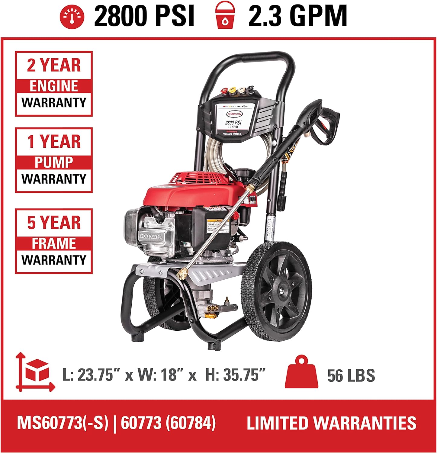 Simpson Cleaning MS60773 MegaShot 2800 PSI Gas Pressure Washer, 2.3 GPM, Honda GCV160 Engine, Includes Spray Gun and Extension Wand, 4 QC Nozzle Tips, 1/4-in. x 25-ft. MorFlex Hose, (Refurbished)