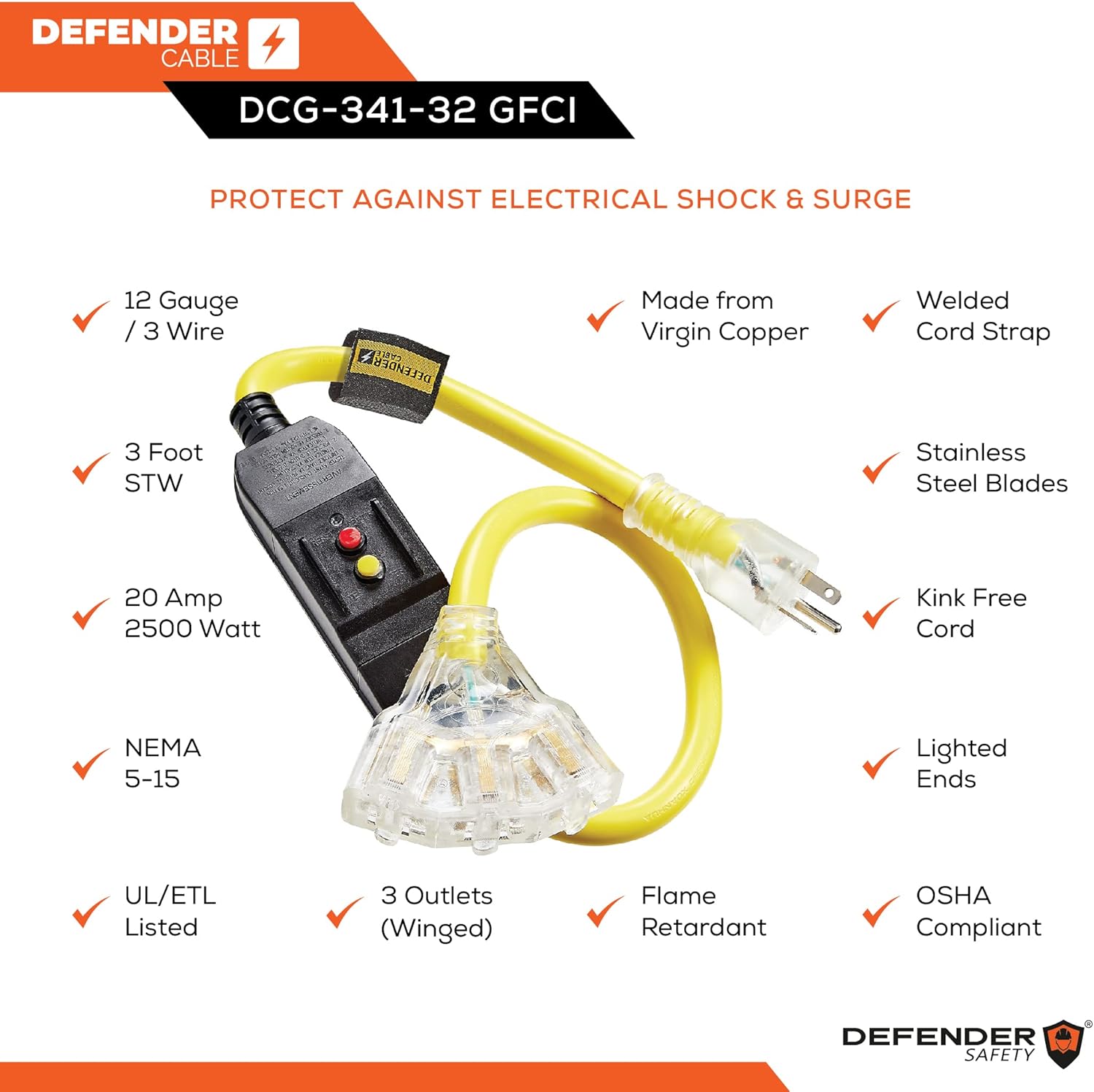 Defender Safety 12/3 Gauge, 3 ft, STW POWER BLOCK, 125V, 20 AMP w/ Lighted Ends Contractor Grade, UL/ETL Listed