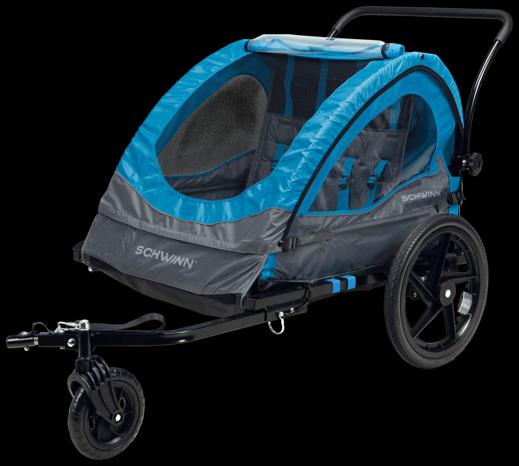 Schwinn Convoy Double Bike Trailer w/ Stroller Kit,  Blue/Grey