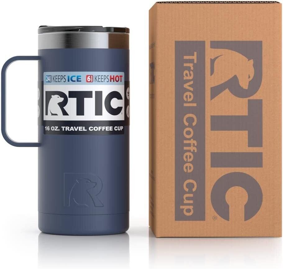 RTIC 16 oz Coffee Travel Mug with Lid and Handle, Stainless Steel Vacuum-Insulated Mugs, Leak, Spill Proof, Hot Beverage and Cold, Portable Thermal Tumbler Cup for Car, Camping, Freedom Blue Freedom Blue 16 Ounce