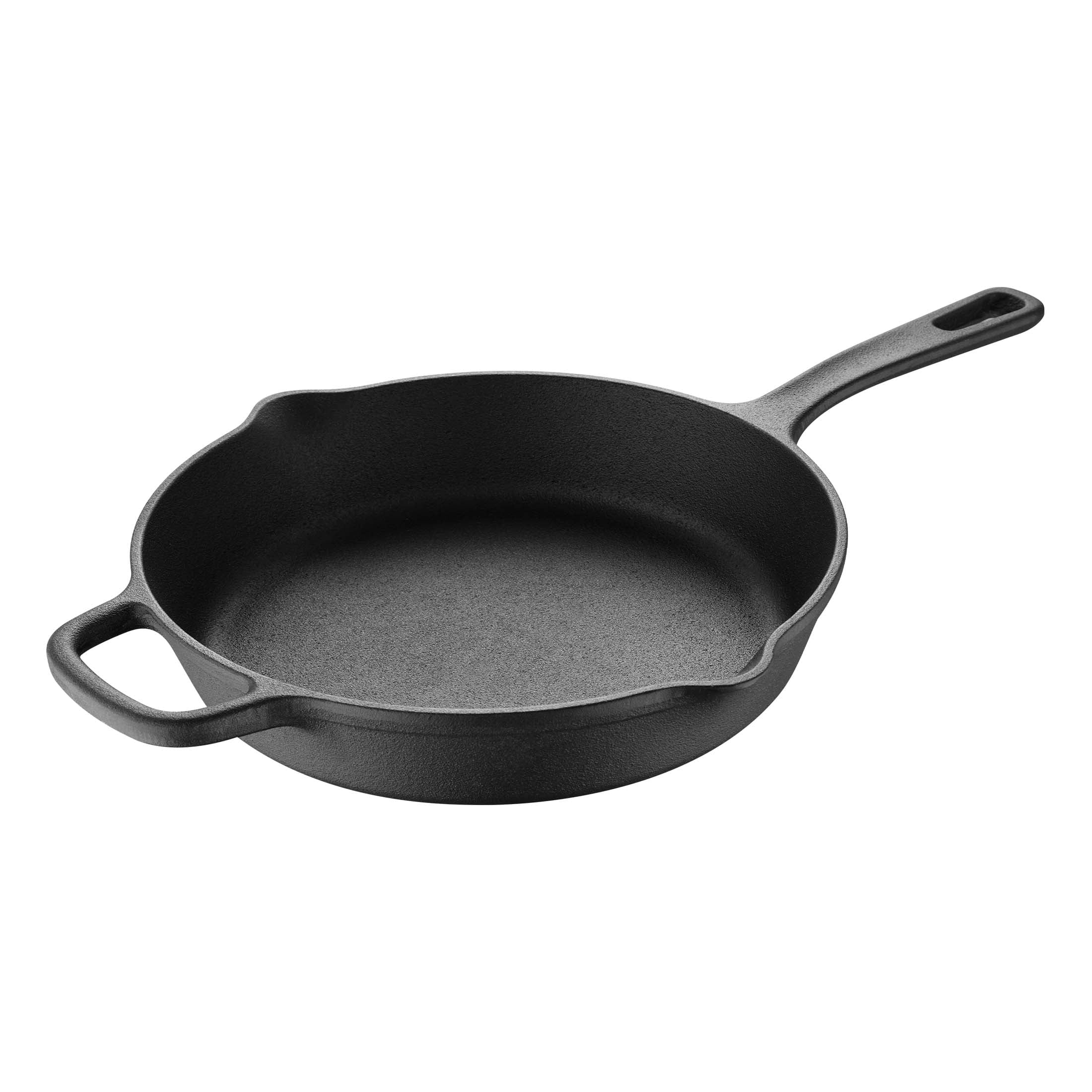 BBQ by MasterPRO - 12" Pre Seasoned Cast Iron Fry Pan with Helper Handle and Dual Spouts, Black