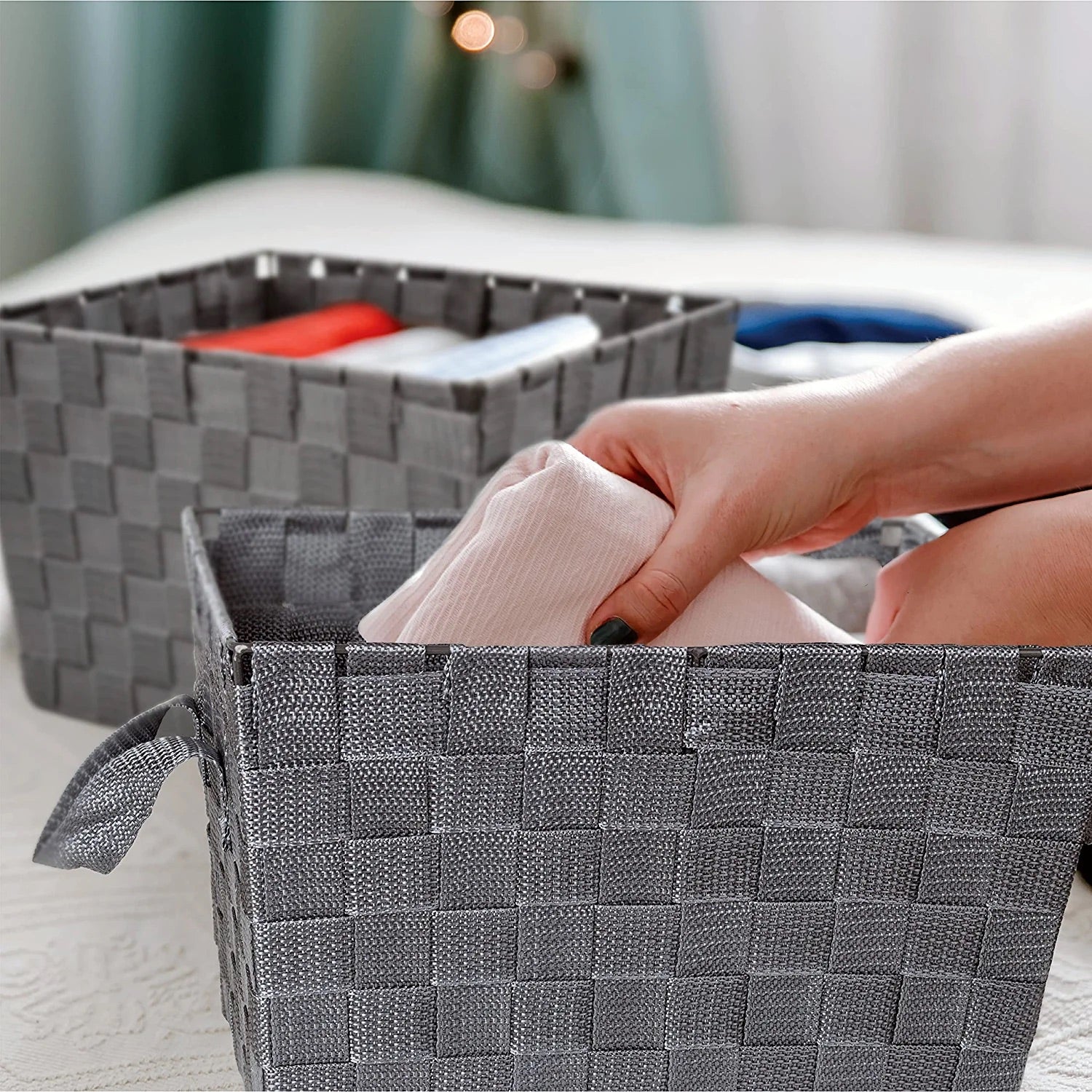 Brookstone 2 Pack Woven Storage Baskets with Handles, Decorative Clothes/Toys/Clutter Organizer, Dark Gray