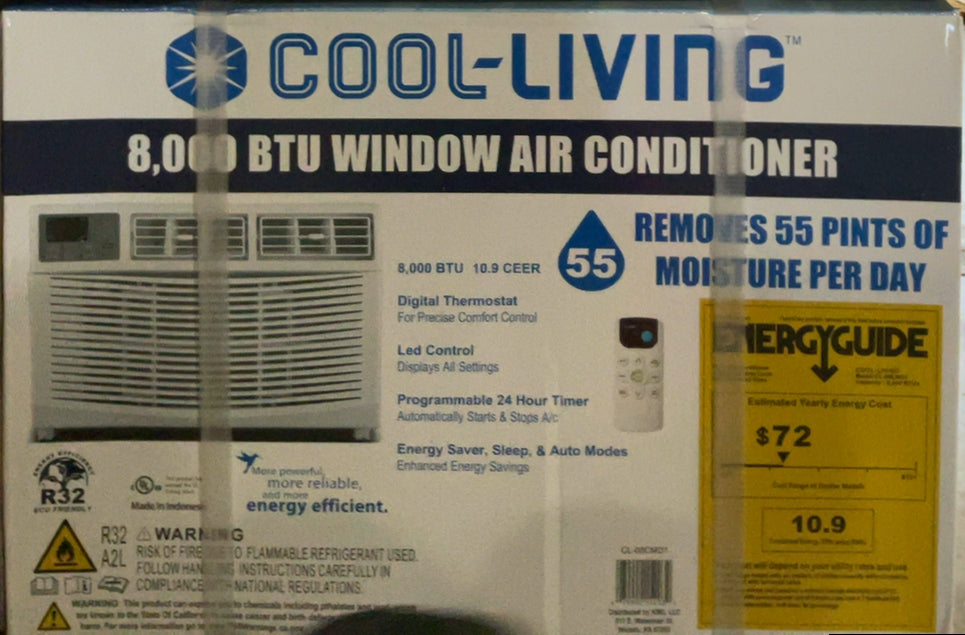 Cool Living 8,000 BTU 115V Air Conditioner with Remote, Auto-Restart, 3 Cooling & Fan Speeds, Energy Saver, White