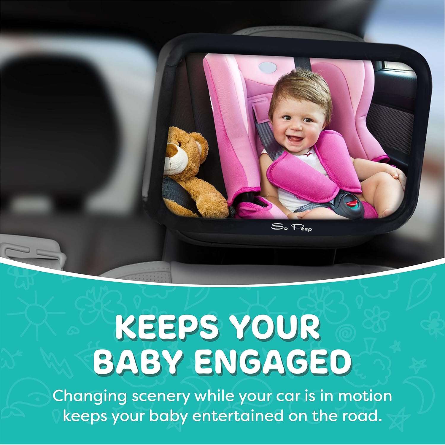 So Peep Adjustable Baby Car Mirror with Wide-Angle View and Headrest Straps for Rear-Facing Infant Car Seats